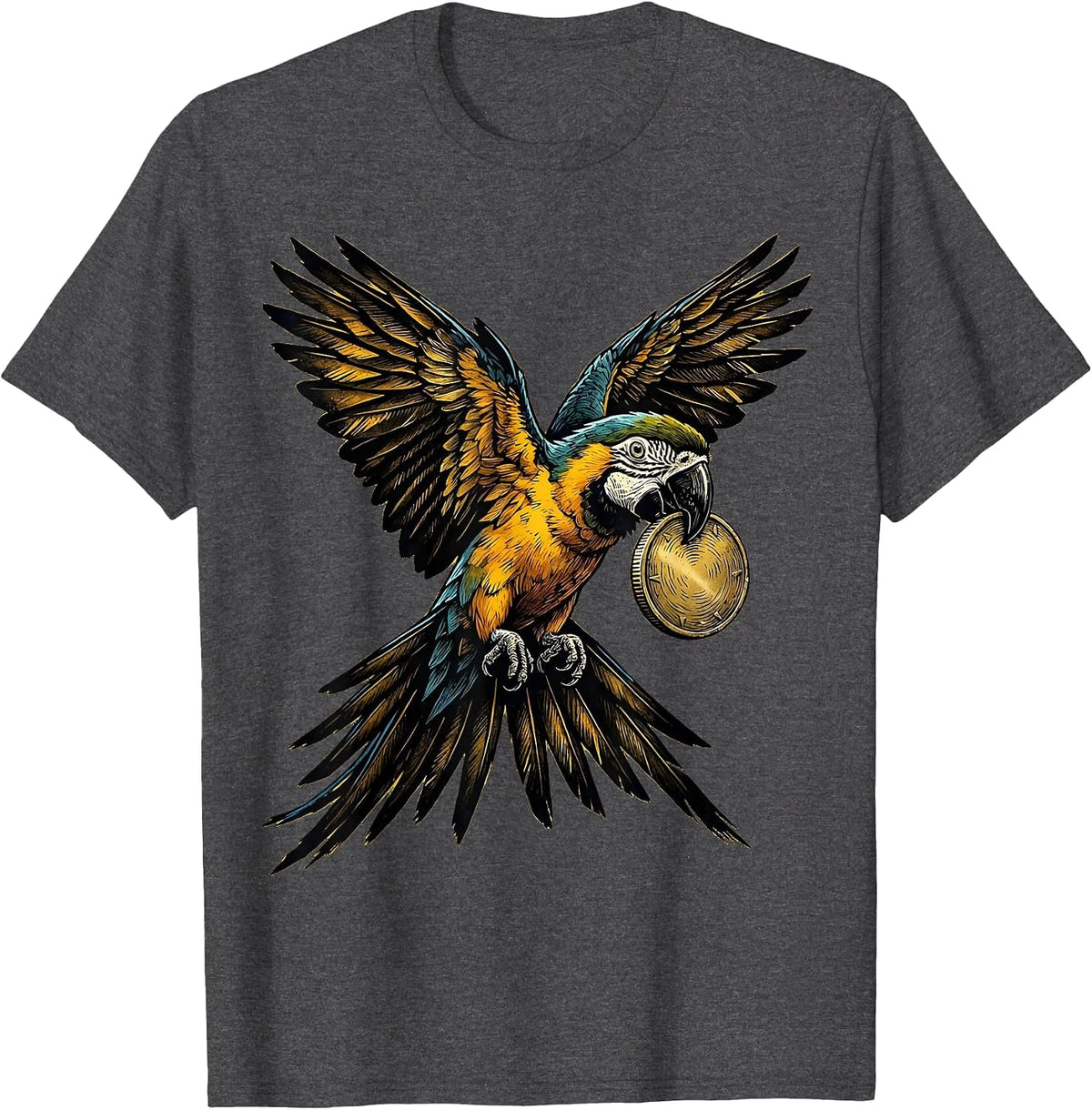 Men's Pirate Parrot Flying with Golden Coin T-Shirt - Dark Heather Grey