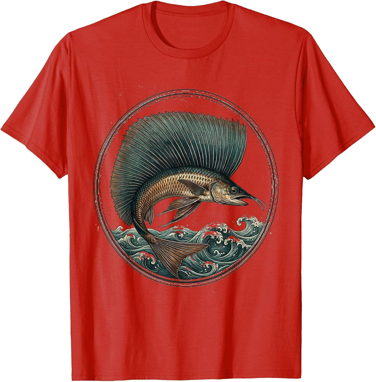 Men's Flying Fish Soaring Over Ocean Waves Graphic T-Shirt - Red