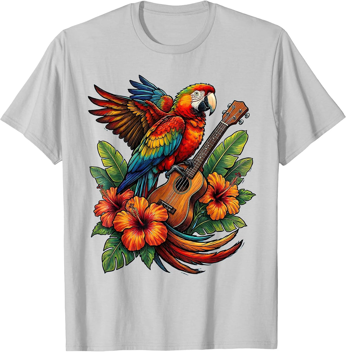 Men's Colorful Parrot on Ukulele Hawaiian Design T-Shirt - Silver Grey