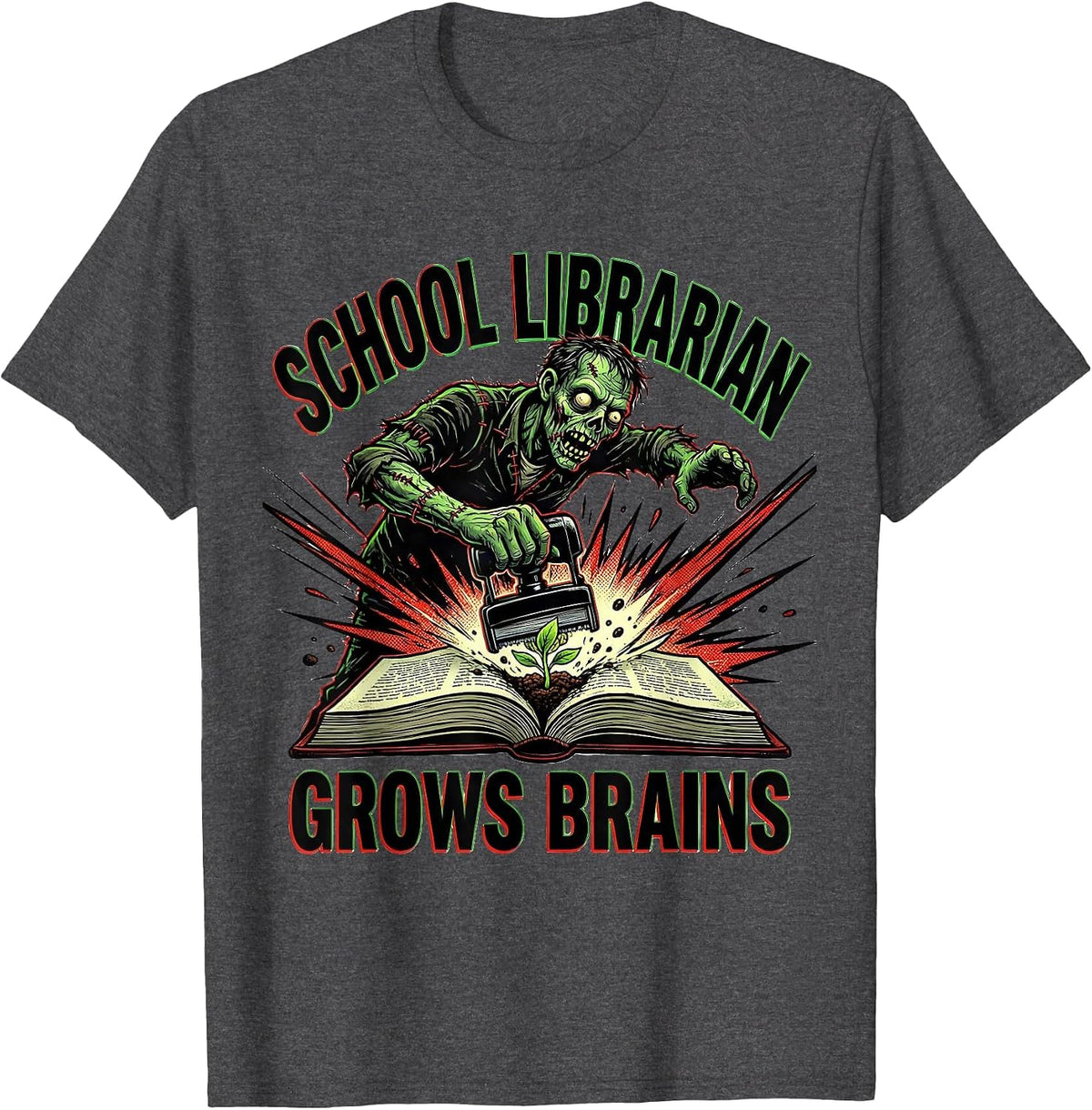 Men's School Librarian Grows Brains Comic Book Zombie Teacher T-Shirt - Dark Heather Grey