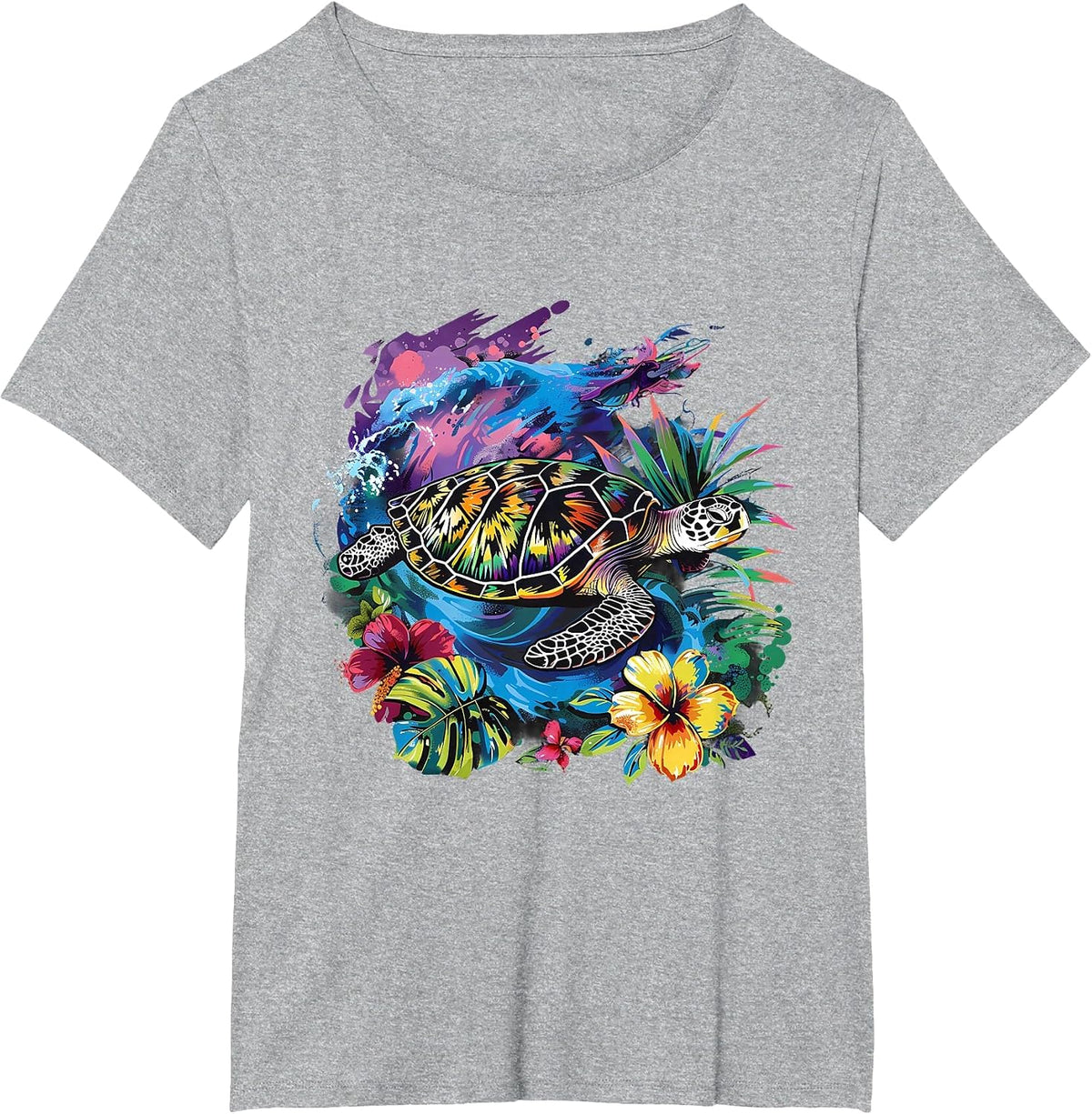 Sea Turtle Floral Artwork Marine Mammal Sea Ocean Animal T-Shirt - Heather Grey