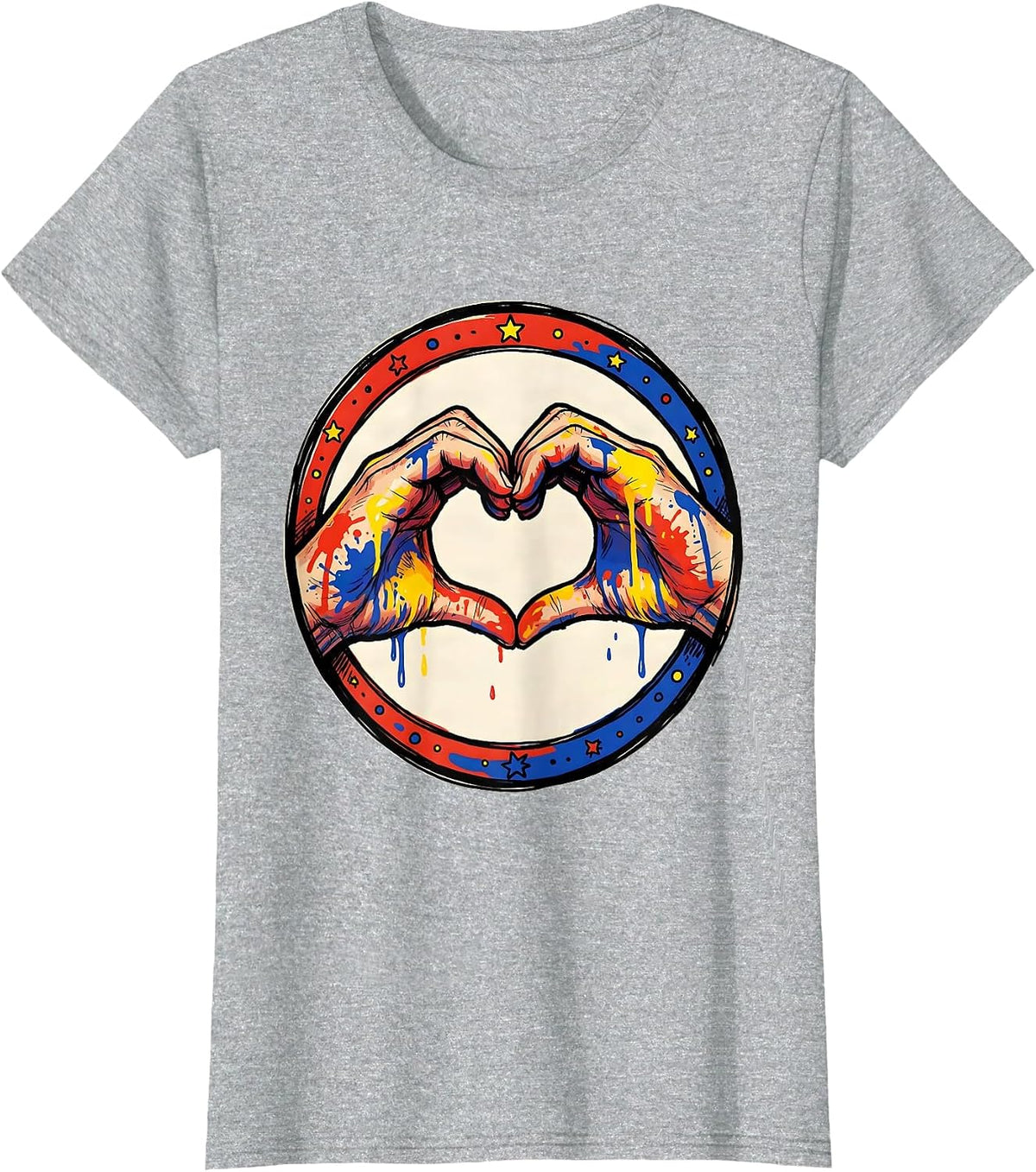 Preschool Teacher Paint Hand Heart Graphic T-Shirt - Heather Grey