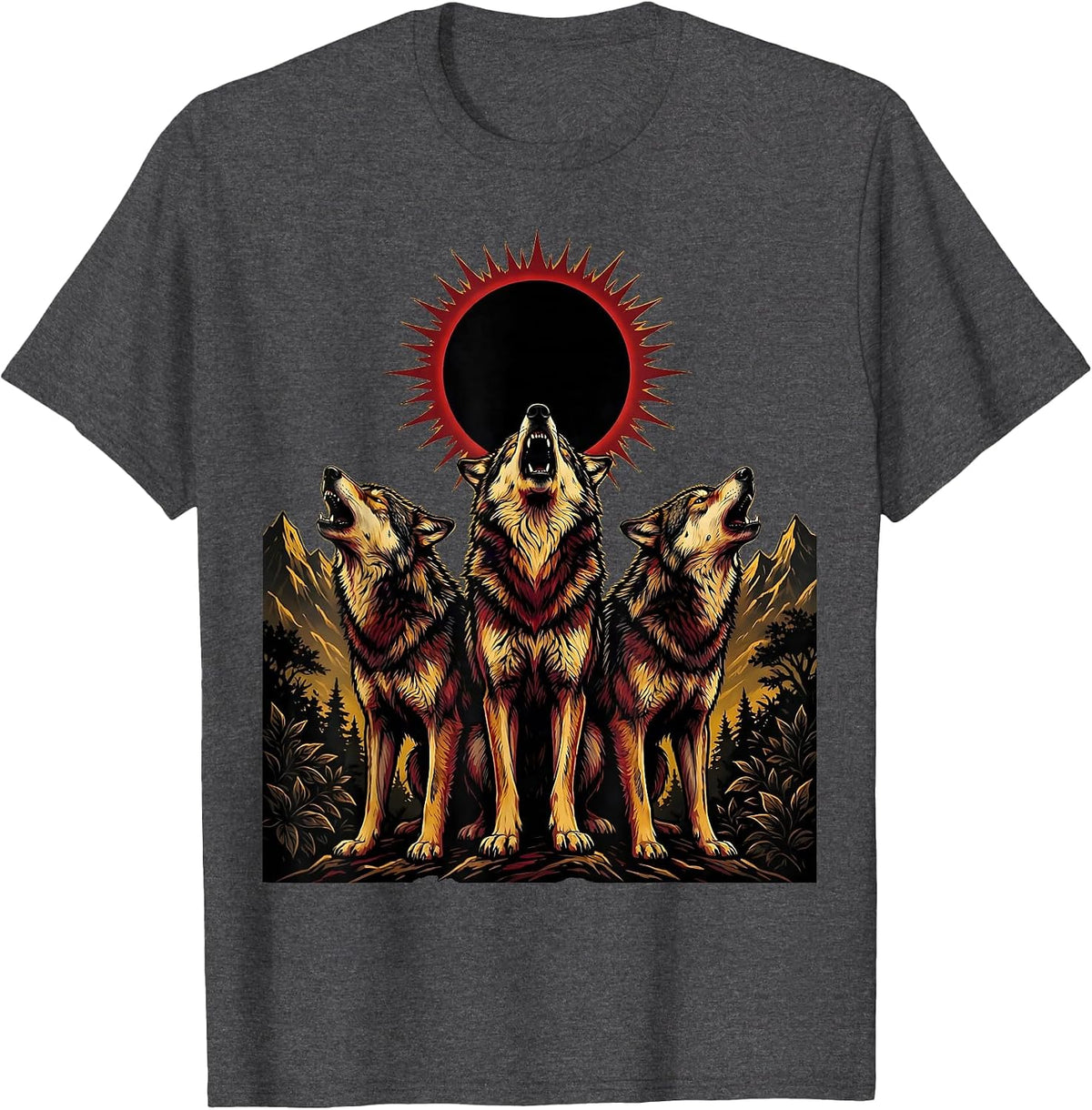 Three Wolves Howling at Eclipse Graphic T-Shirt - Dark Heather Grey