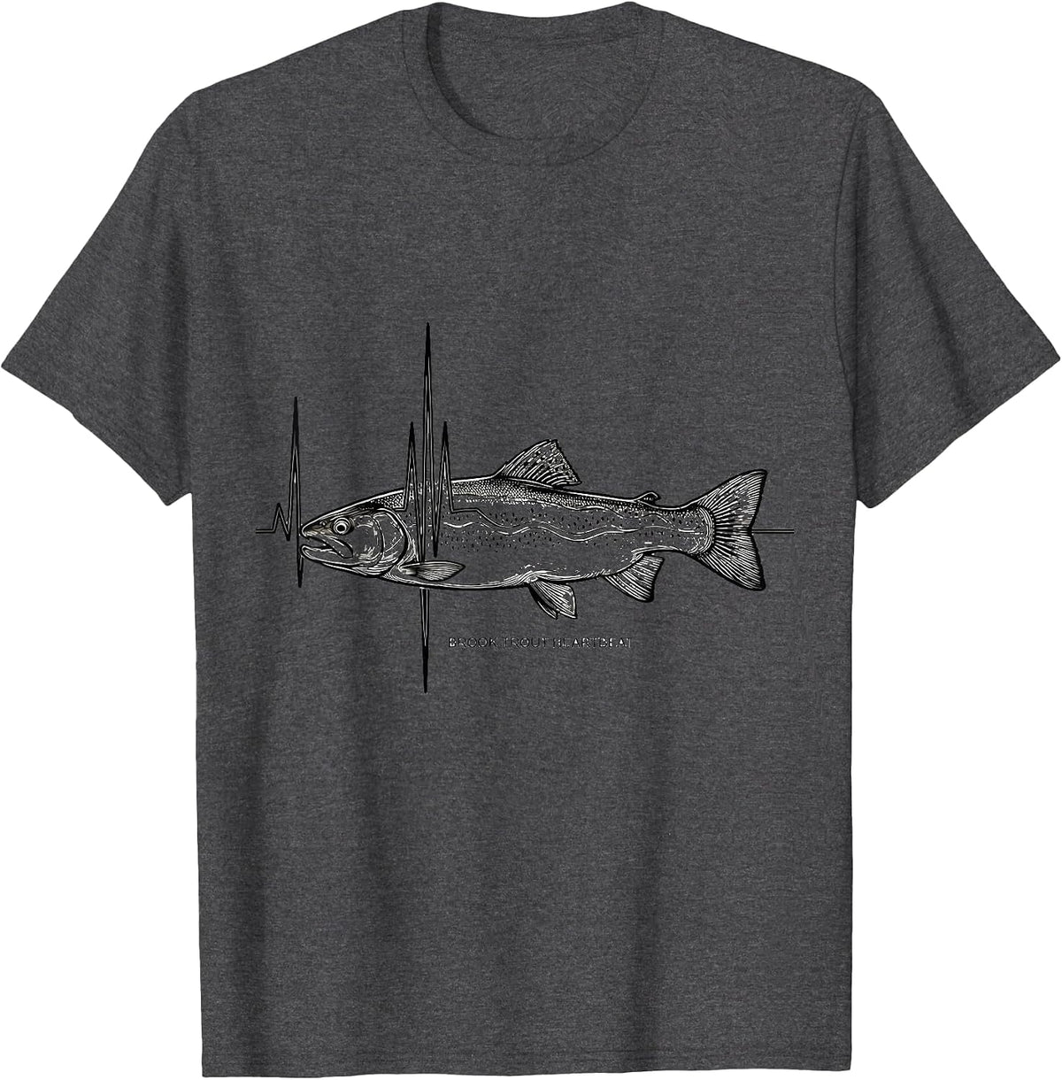 Men's Brook Trout Heartbeat Line Art Freshwater Fishing Angler T-Shirt - Dark Heather Grey