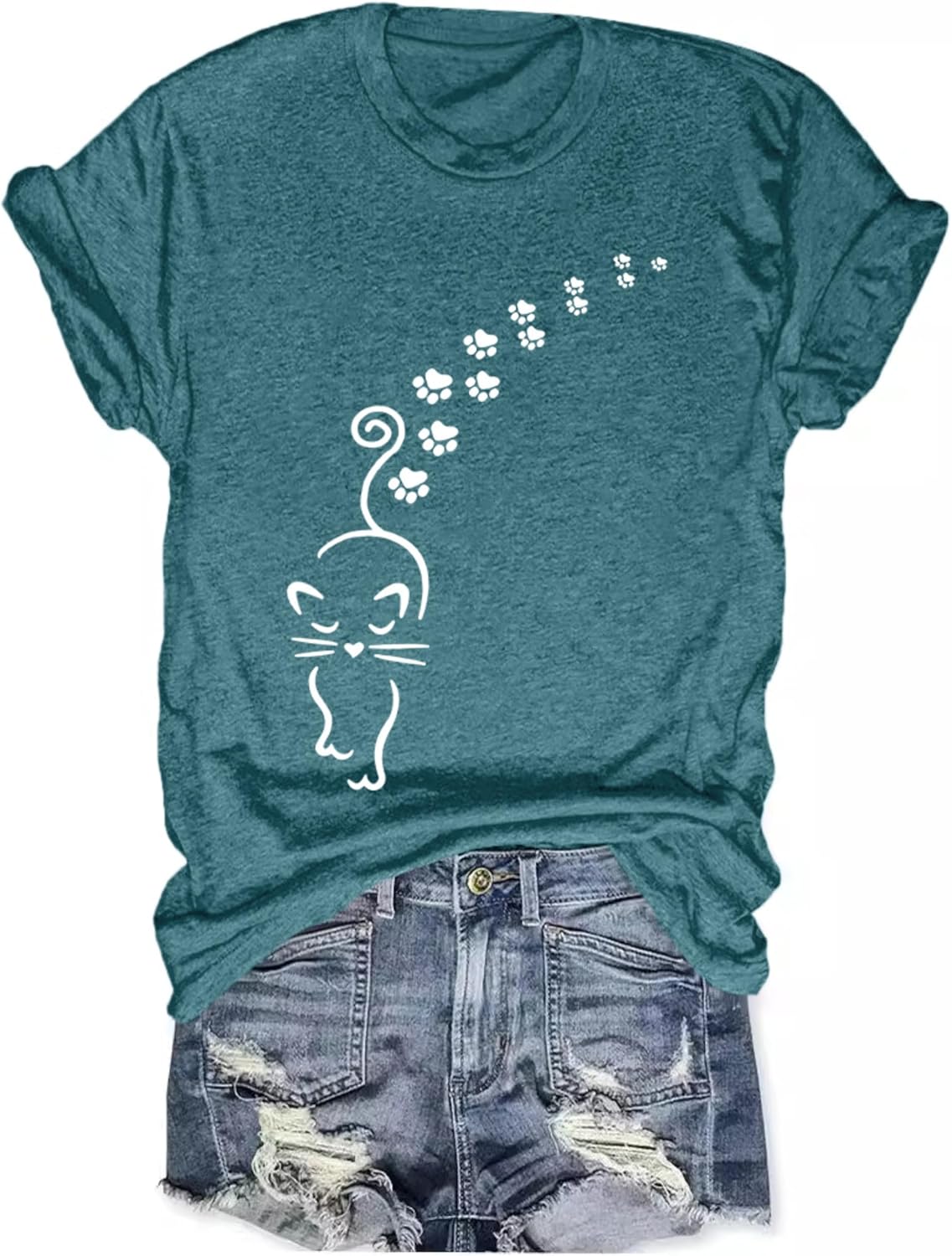 Women's Summer Short Sleeve T Shirts Cute Cat Mom Graphic Tee Shirt Vintage Crewneck Loose Casual Tops - Peacock Green