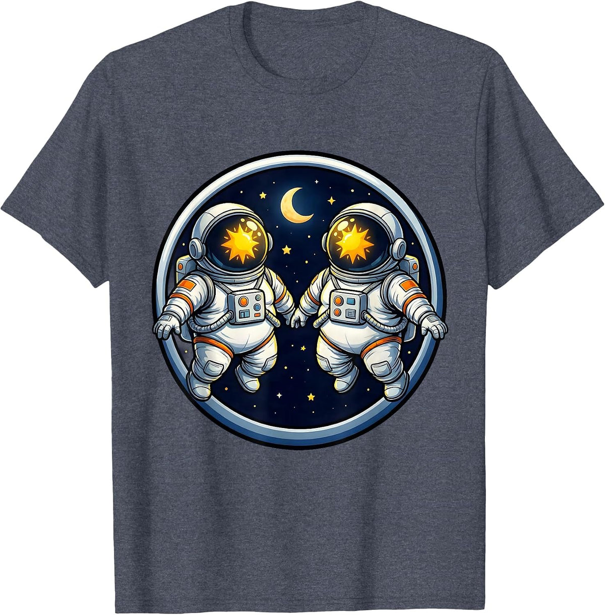 Twin Astronauts Floating in Space Illustration T-Shirt - Heather Blue