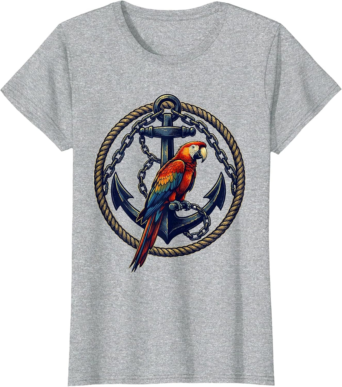 Pirate Parrot Perched on Anchor with Chains T-Shirt - Heather Grey