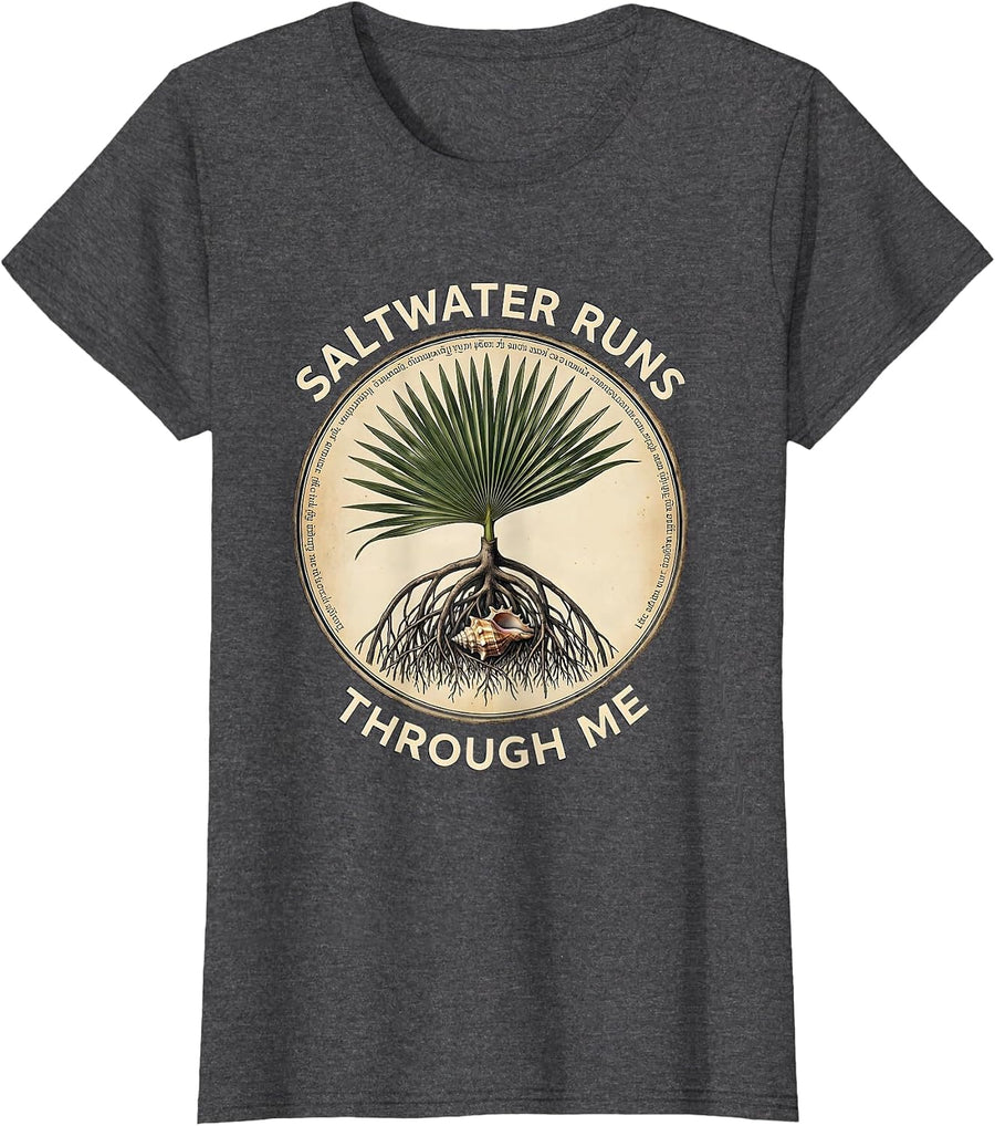 Saltwater Runs Through Me Caribbean Design T-Shirt, Women, Dark Heather Grey, X-Small - As Pictured