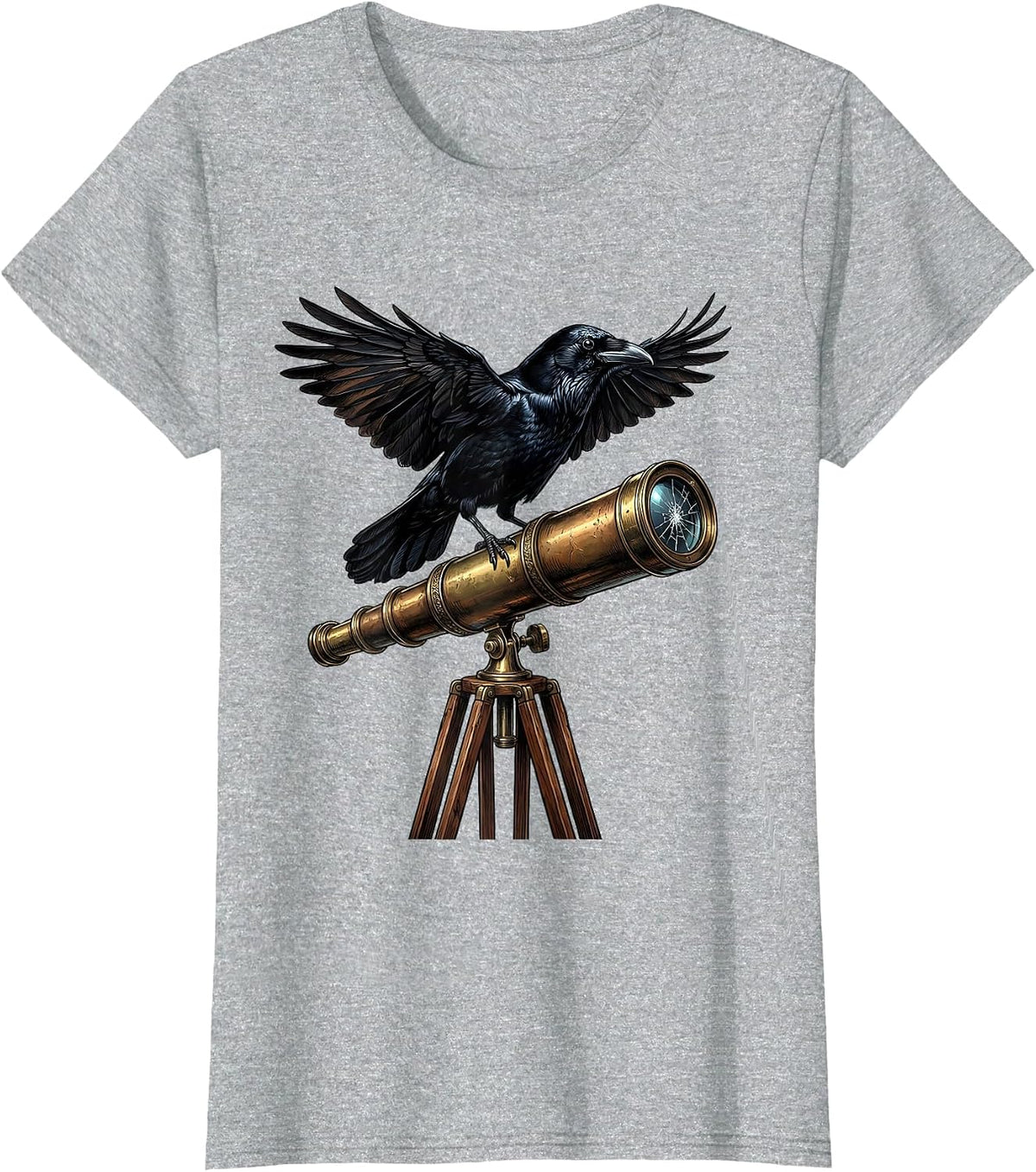 Crow Perched on Old Telescope Illustration T-Shirt - Heather Grey