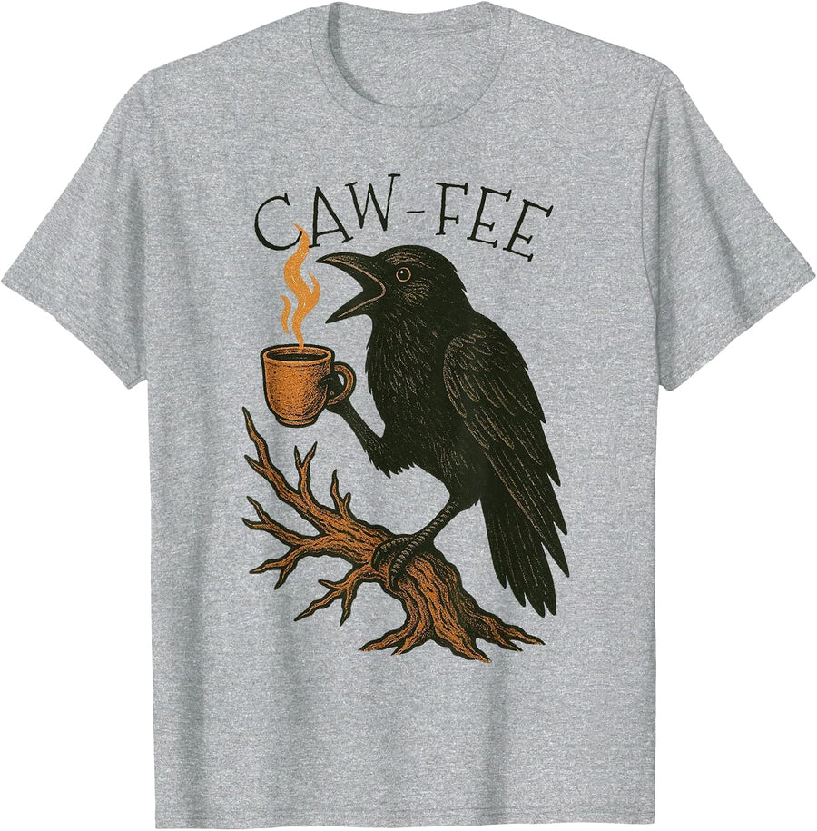 Caw-fee Funny Crow Blackbird Raven Caw Caffeine Coffee Lover T-Shirt - Heather Grey