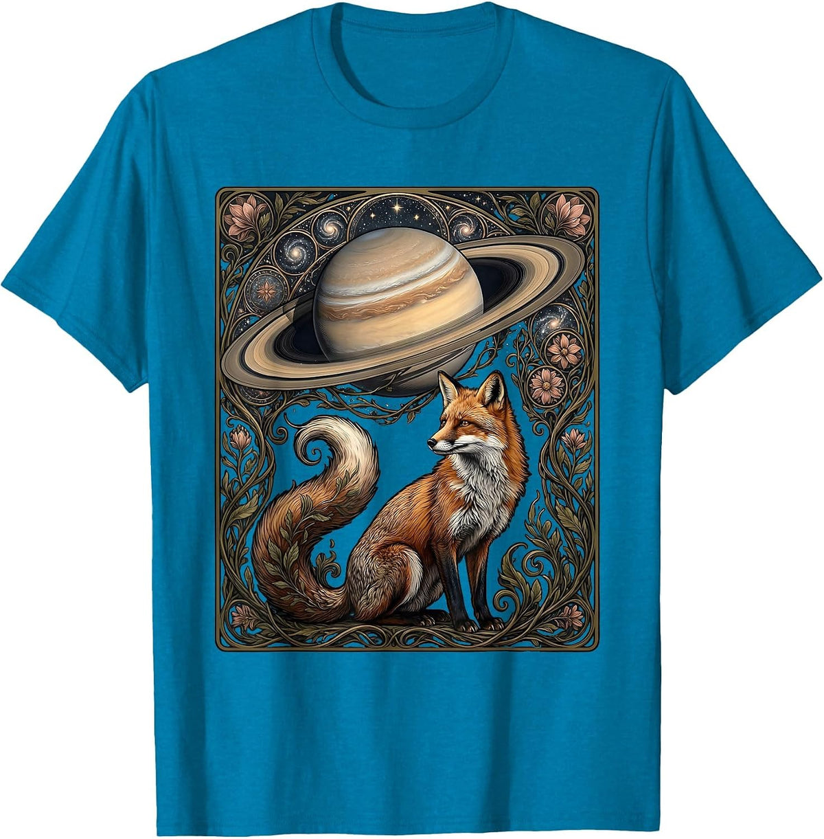 Fox Gazing at Ringed Planet Space Illustration T-Shirt - Sapphire Blue