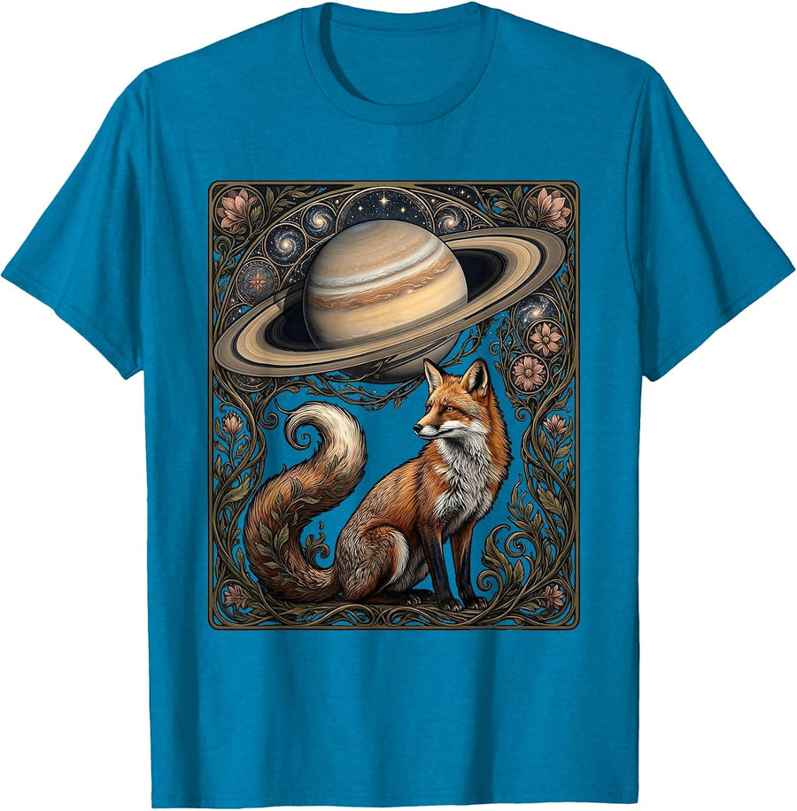 Fox Gazing at Ringed Planet Space Illustration T-Shirt - Sapphire Blue
