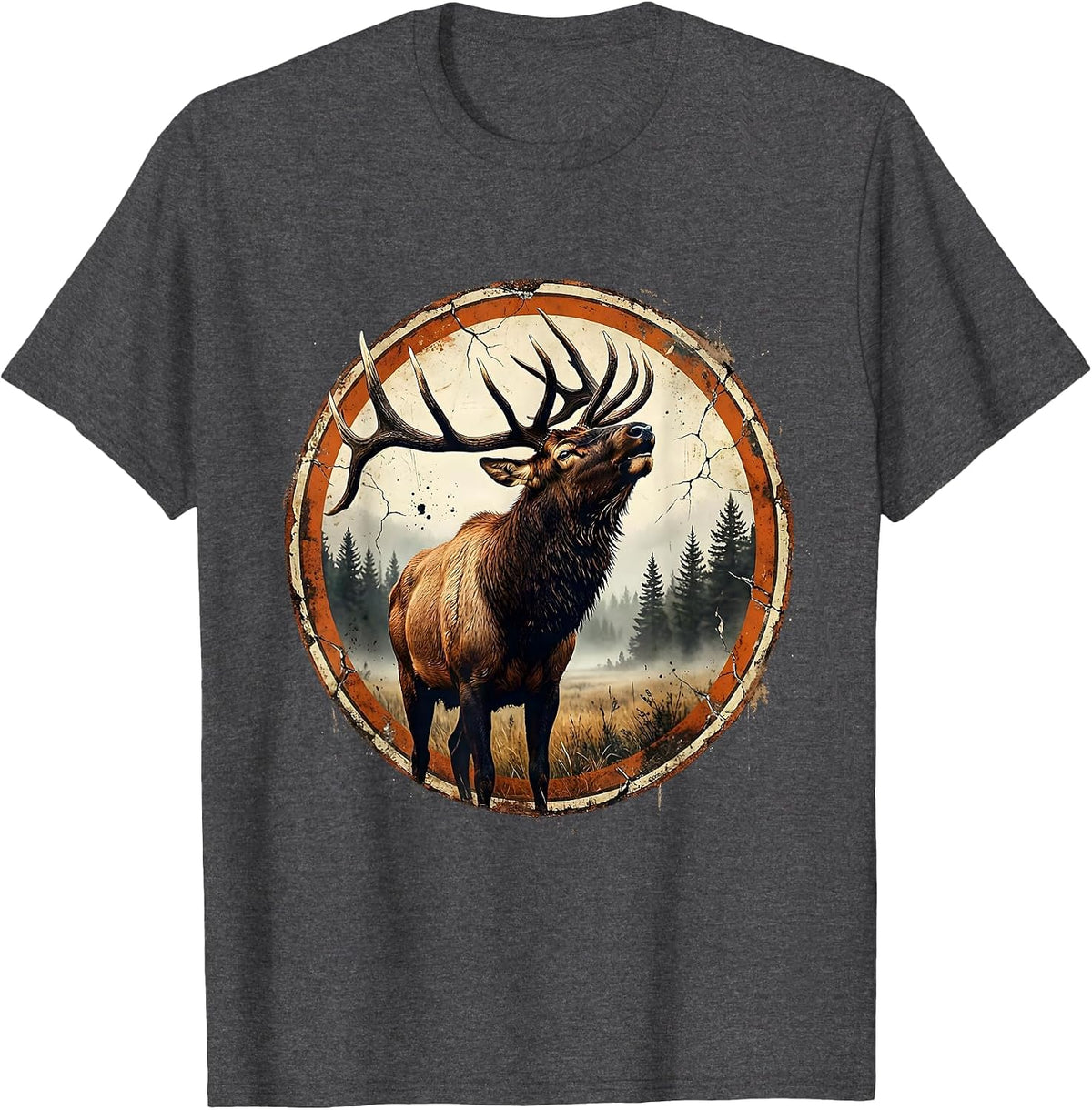Bull Elk Bugling in Misty Meadow Illustration T-Shirt - Dark Heather Grey