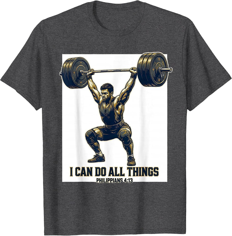 Men's I Can Do All Things Christian Weightlifter Scripture Humor T-Shirt - Dark Heather Grey