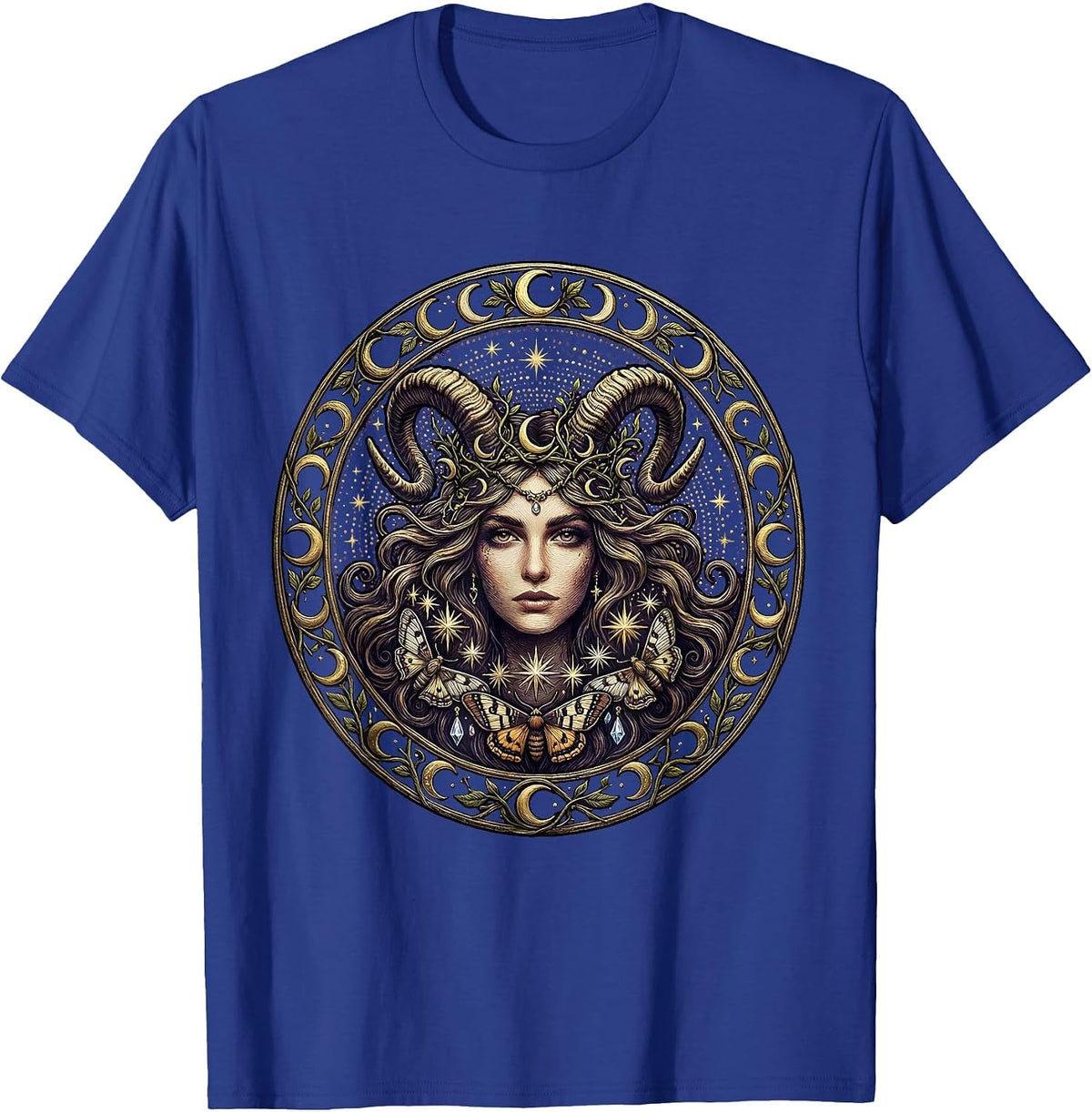 Capricorn Zodiac Goat Horn Flowing Hair Design T-Shirt - Royal Blue