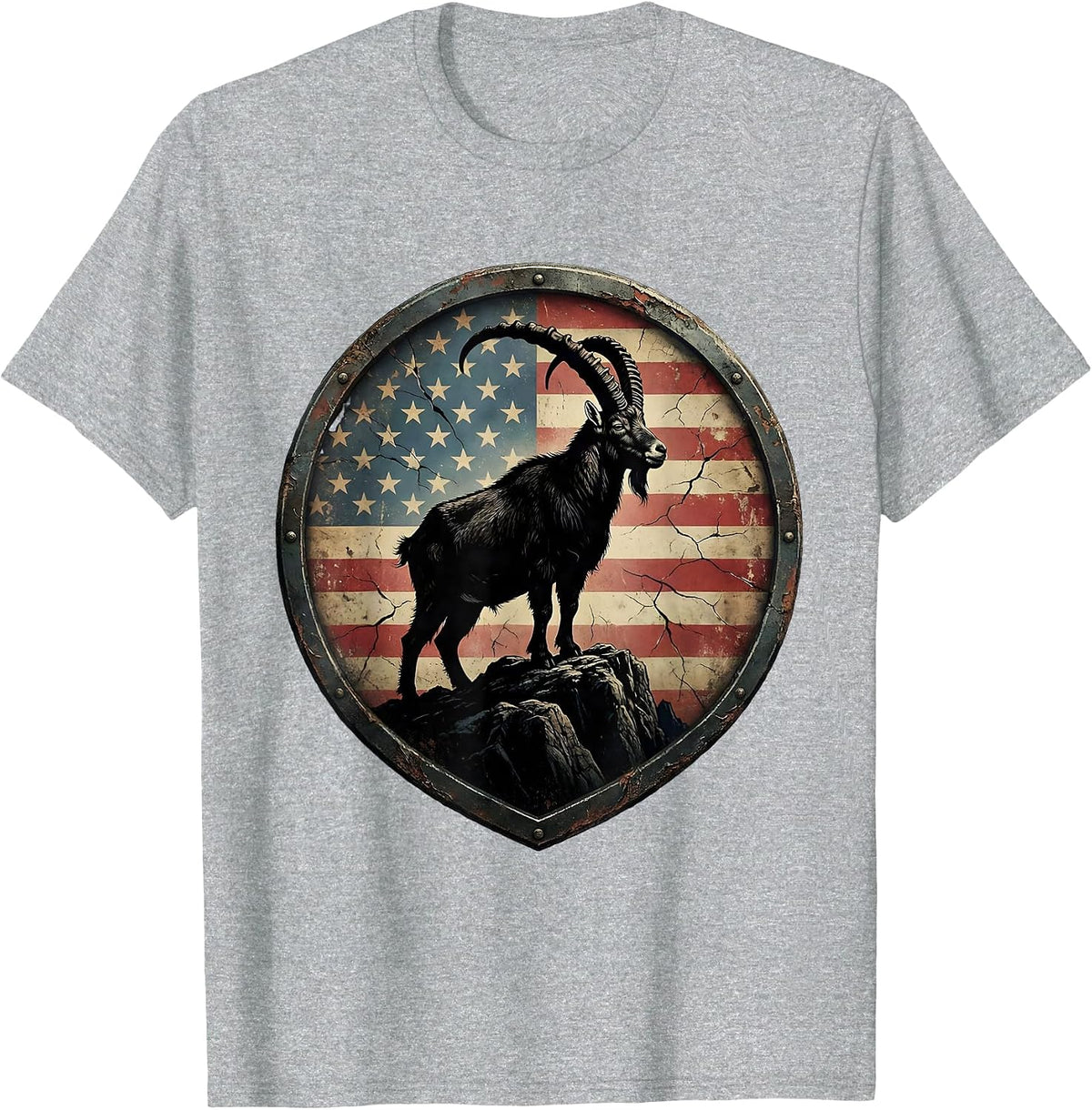 Men's Patriotic Mountain Goat Red White and Blue T-Shirt - Heather Grey