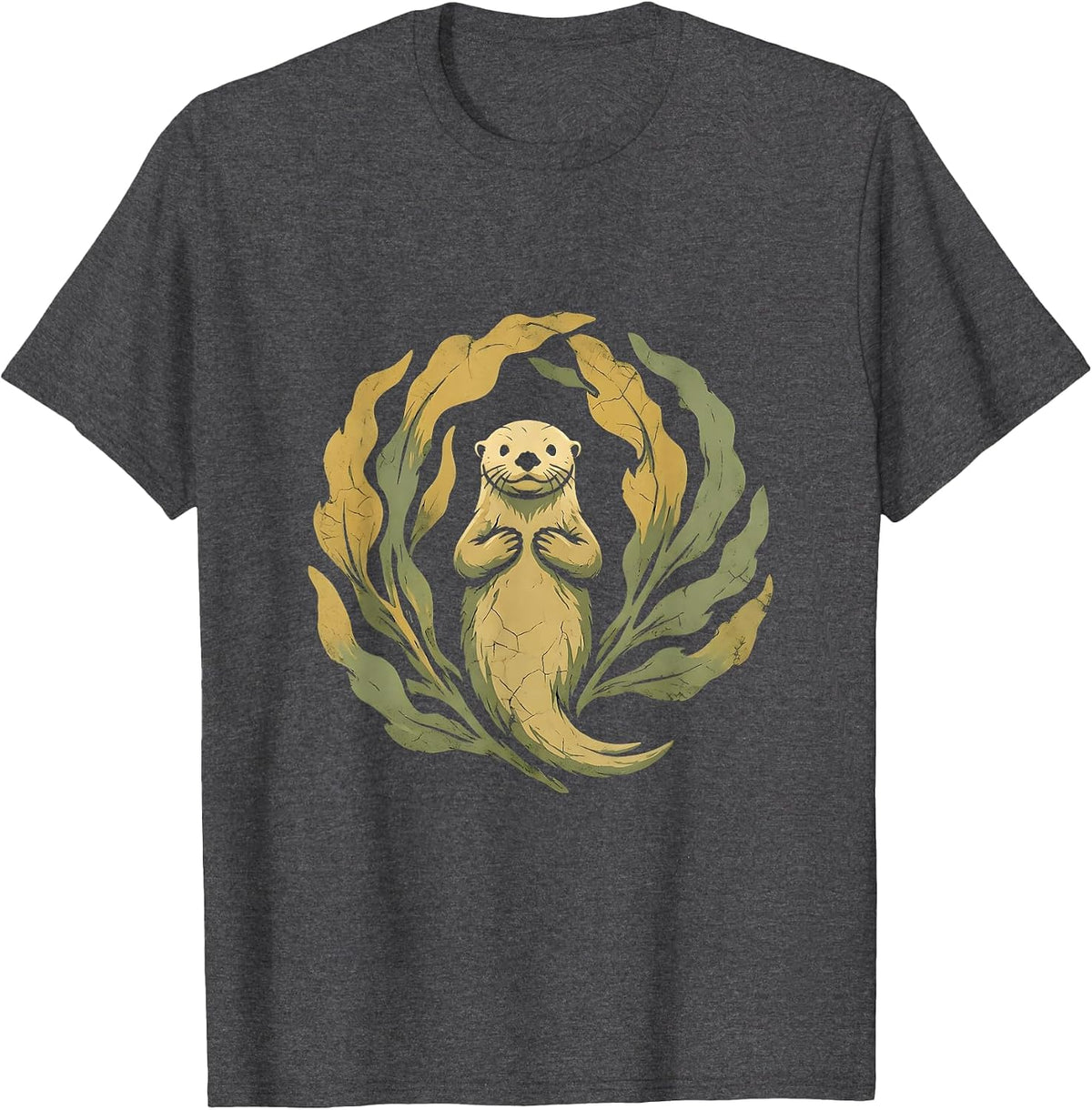 California Sea Otter Floating on Kelp Bed T-Shirt - Dark Heather Grey