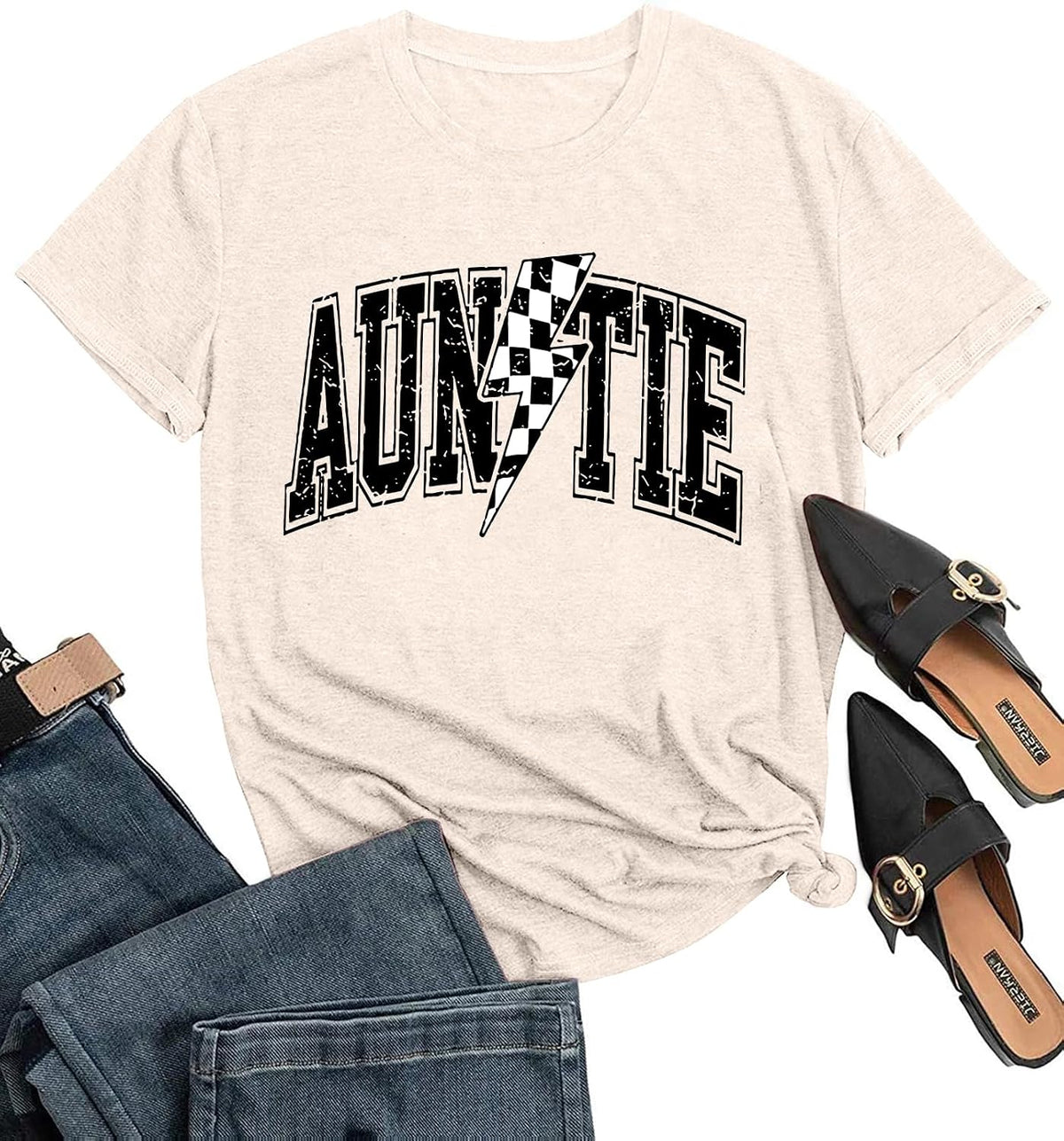 Auntie Shirts for Women Funny Letter Print Short Sleeve Aunt Gift Casual Loose Crew Neck Funny Graphic Tee Tops - 14 Apricot