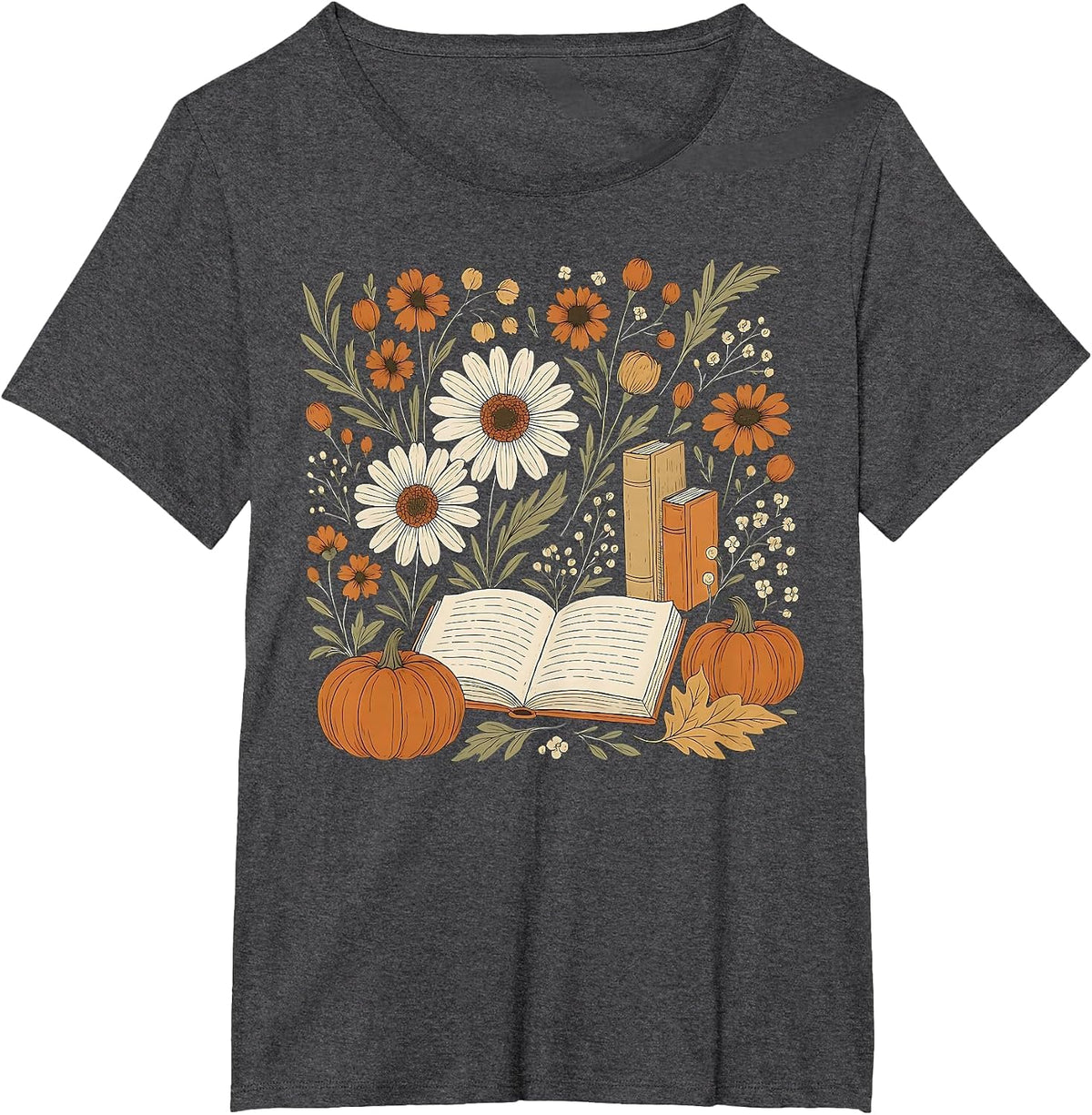 Reading Book Pumpkin Wildflower Fall Reader Bookish Autumn T-Shirt - Dark Heather Grey