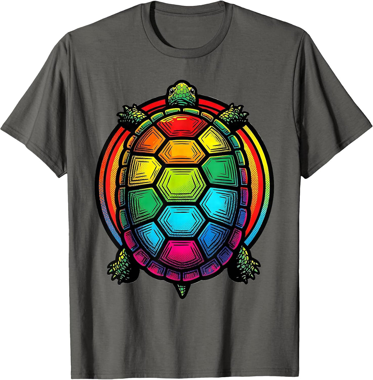 Rainbow Mosaic Turtle Shell Graphic Tee T-Shirt - Asphalt Grey