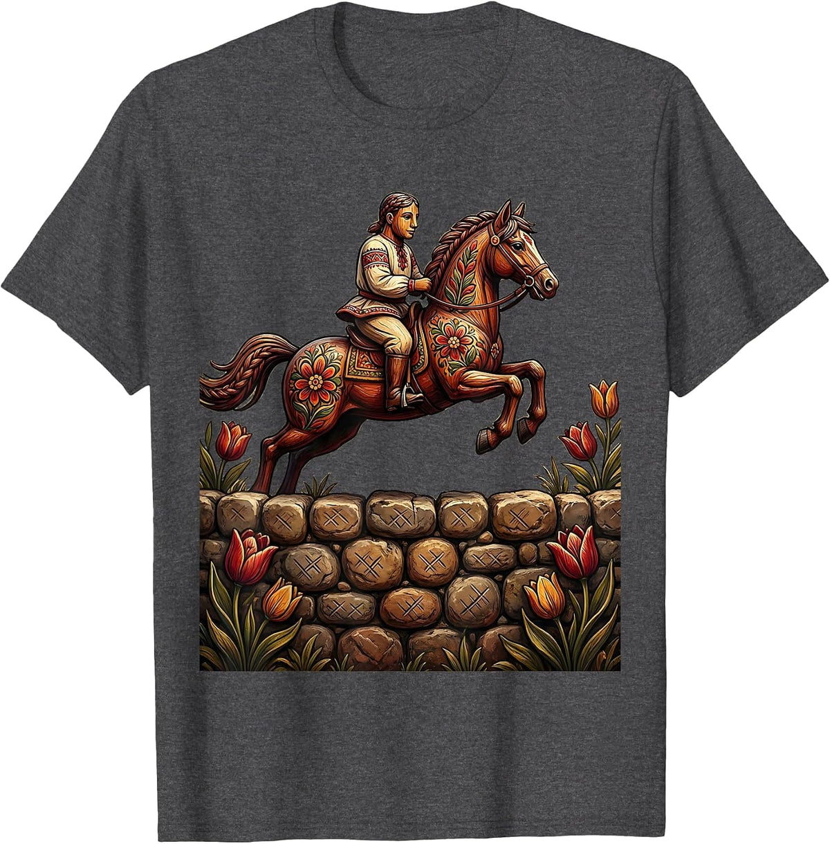 Equestrian Show Jumping Over Stone Wall T-Shirt - Dark Heather Grey