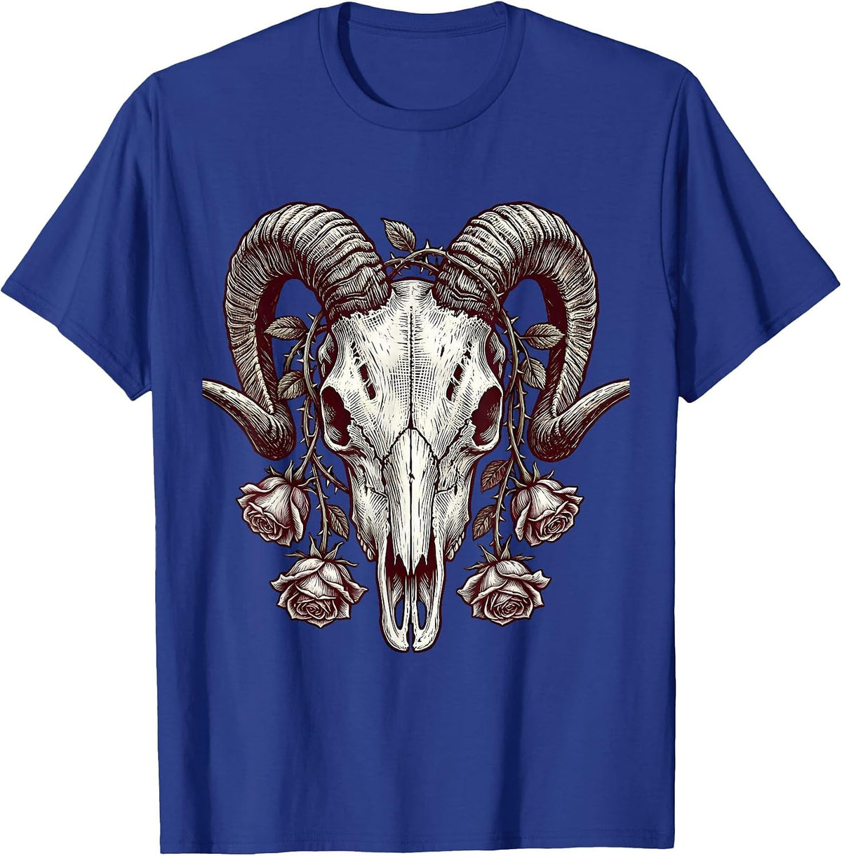 Goat Skull Upside-Down Roses Dark Horror Graphic T-Shirt - Royal Blue