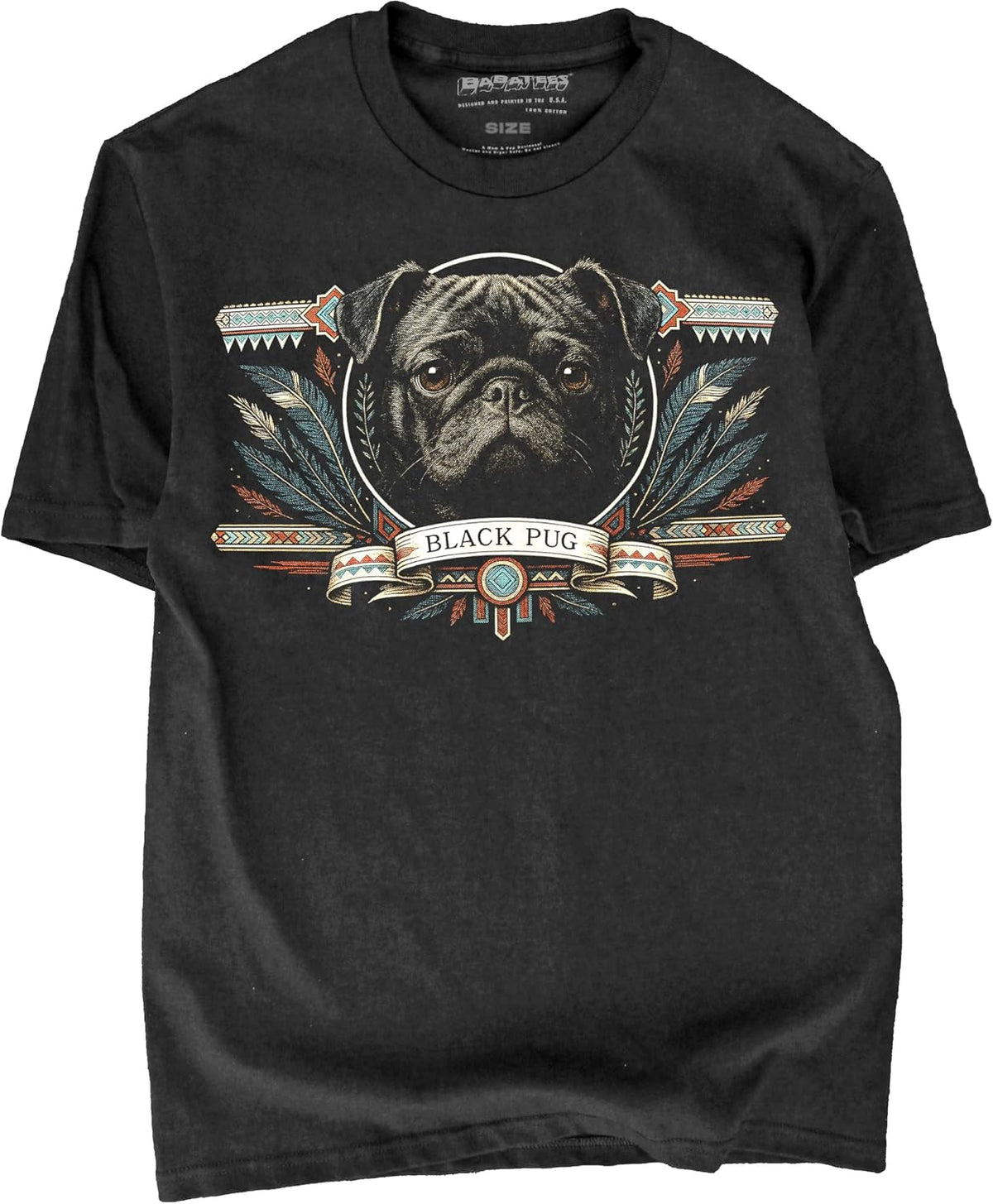 BABATEES Wilderness Inspired Dog Artwork Black Tshirt – 100% Cotton - for Men & Women - Black Pug