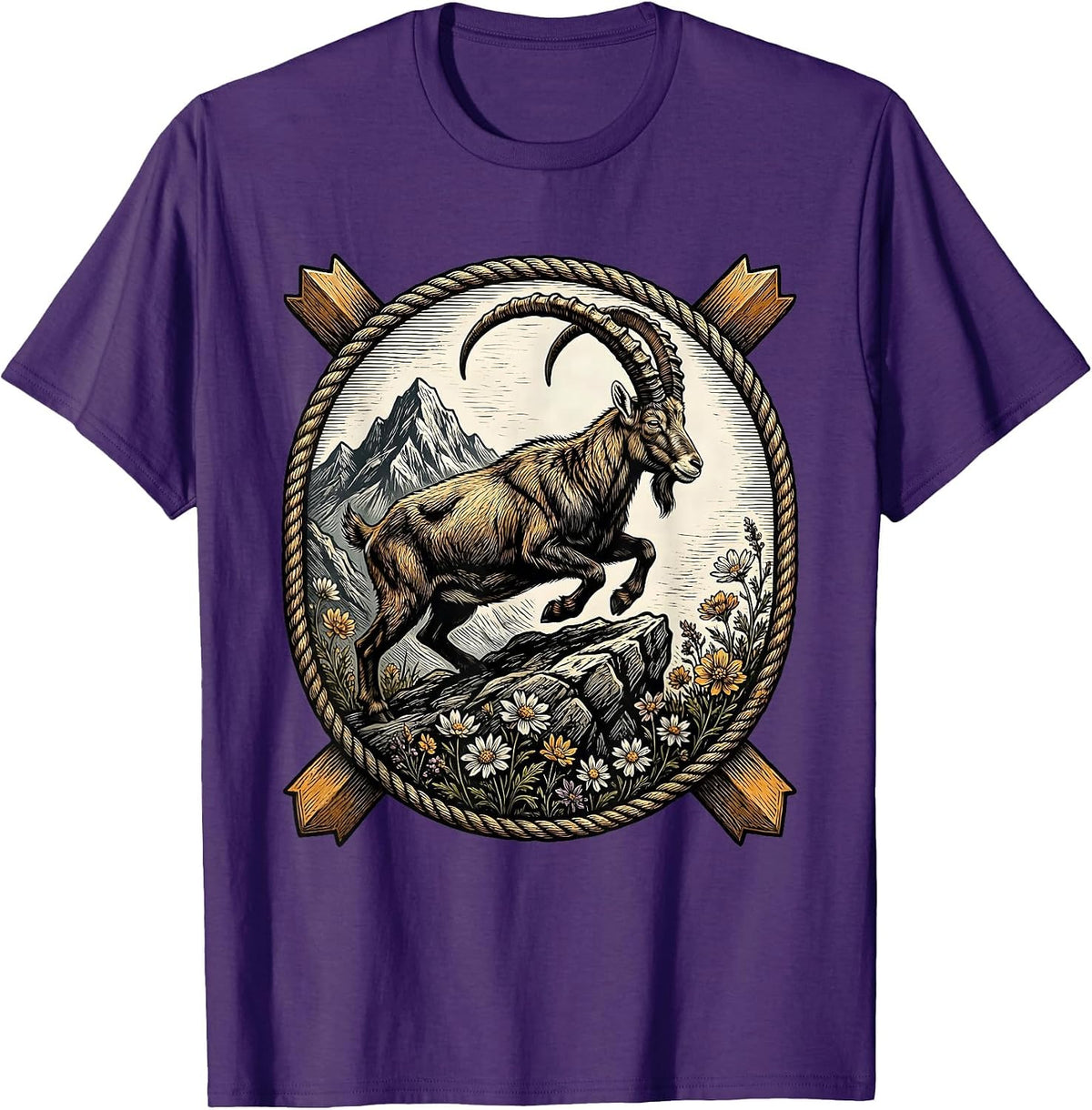 Men's Alpine Mountain Goat Oktoberfest Rocky Ledge Design T-Shirt - Purple
