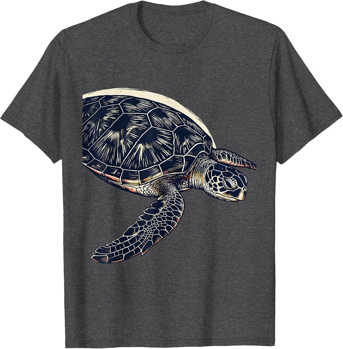 Men's Sea Turtle Linocut Ocean Animal Lover Artwork T-Shirt - Dark Heather Grey