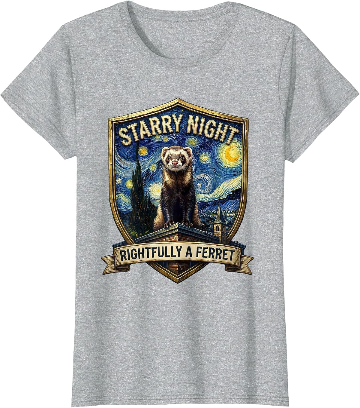 Starry Night Rightfully A Ferret Whimsical Art Parody Ferret T-Shirt - Heather Grey