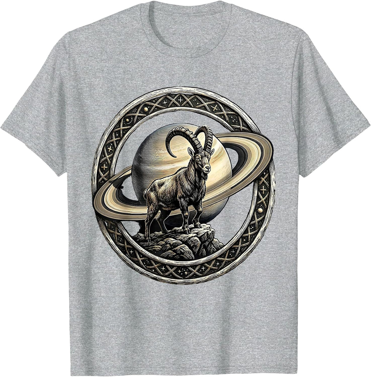 Men's Capricorn Goat Silhouette Saturn Zodiac Design T-Shirt - Heather Grey