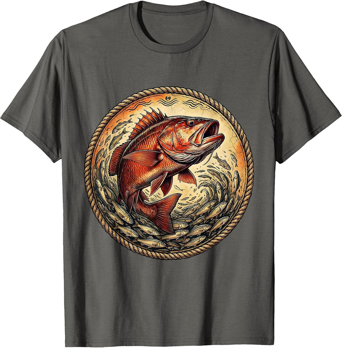 Red Snapper Bursting Through Baitfish Gulf Art T-Shirt - Asphalt Grey