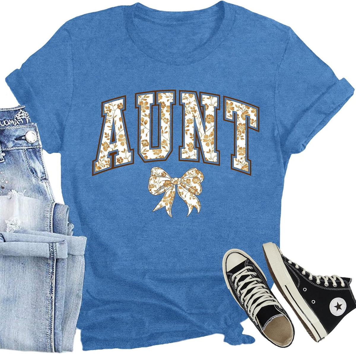 Aunt Shirts for Women Cute Auntie T-Shirts Bow Floral Auntie Gifts Tee - Blue