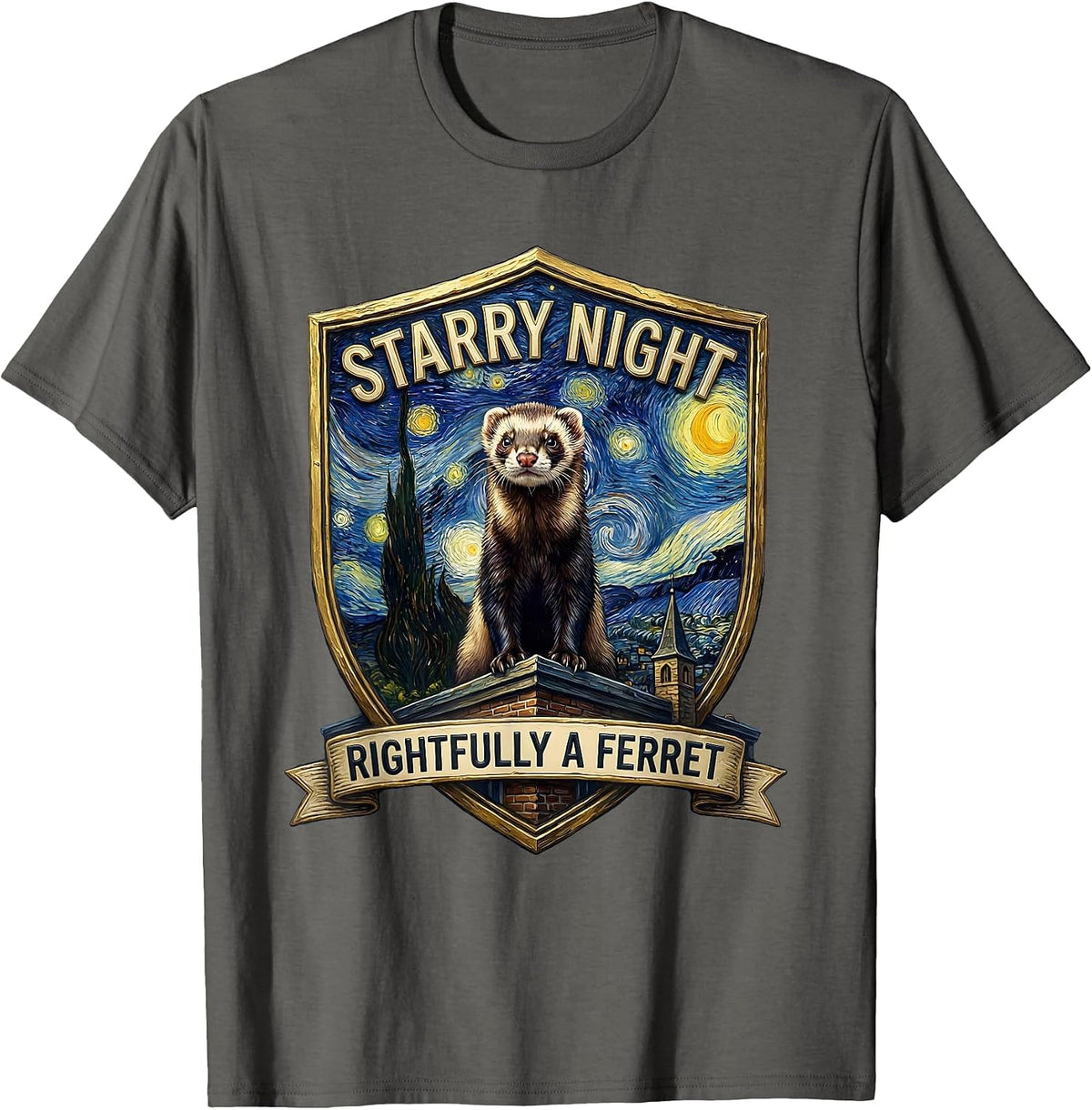 Starry Night Rightfully A Ferret Whimsical Art Parody Ferret T-Shirt - Asphalt Grey