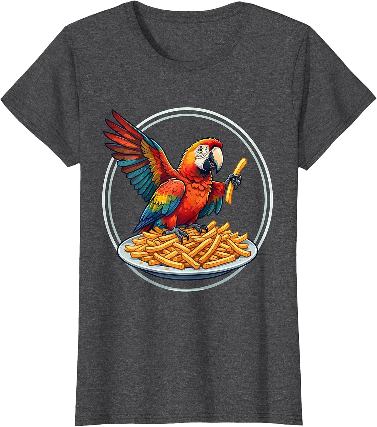 Women's Sneaky Parrot Stealing French Fries Funny Design T-Shirt - Dark Heather Grey