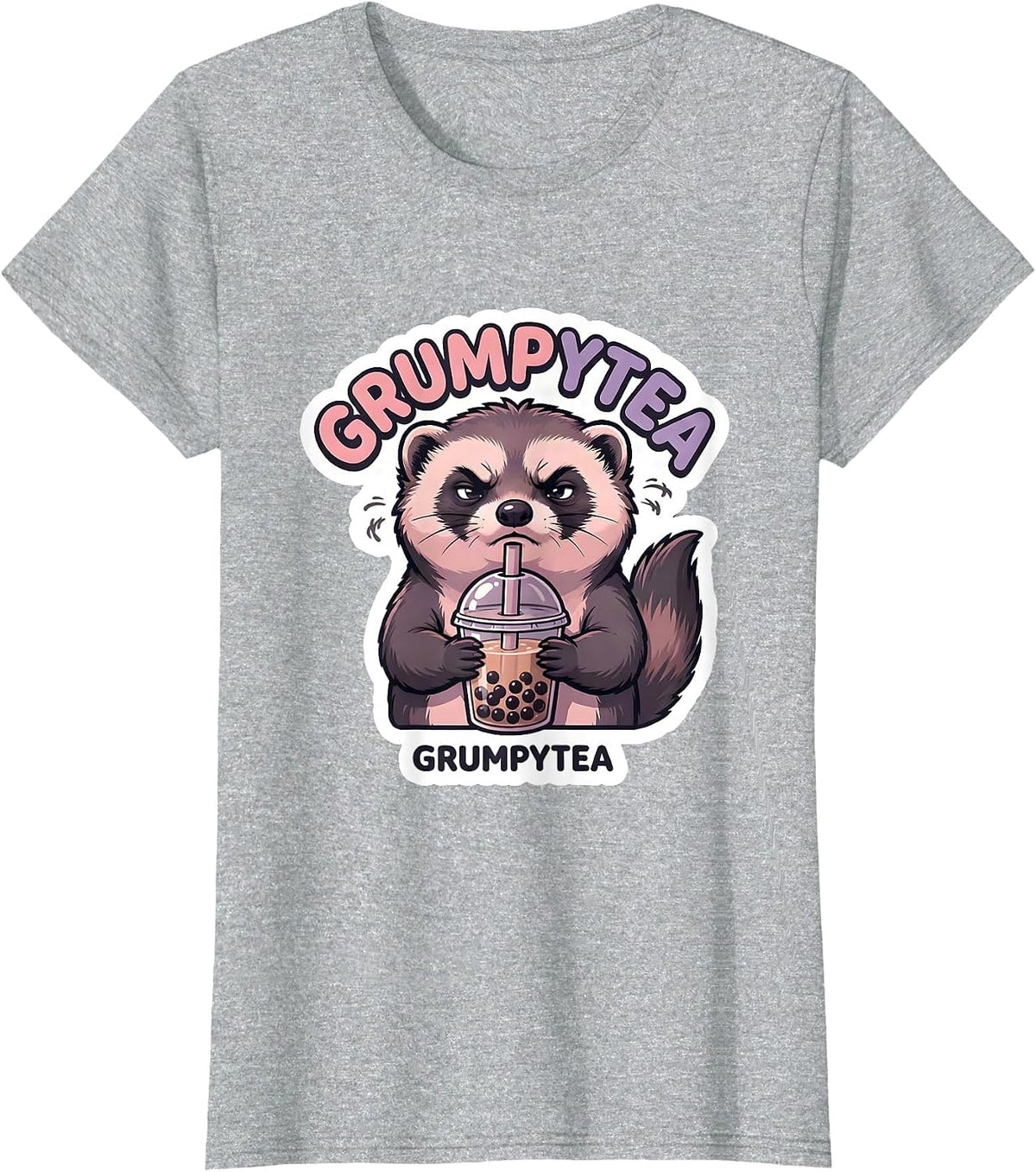 Grumpytea Kawaii Ferret Boba Tea Anime Aesthetic Sticker T-Shirt - Heather Grey