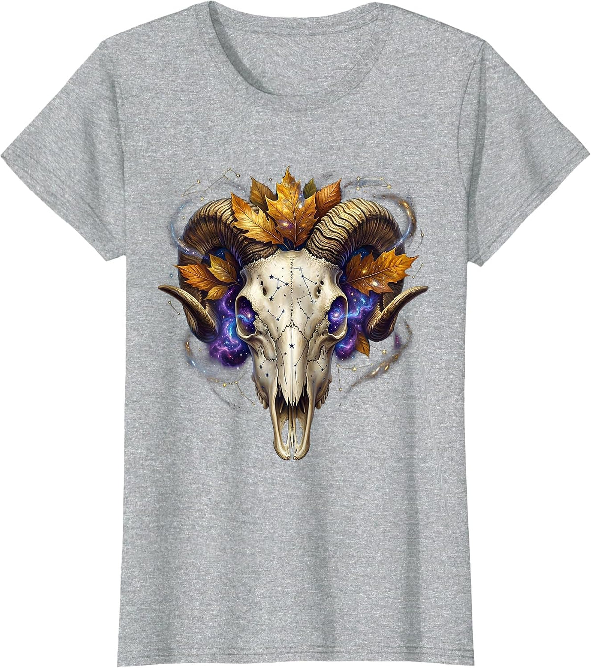 Capricorn Goat Skull Autumn Leaves Zodiac T-Shirt - Heather Grey