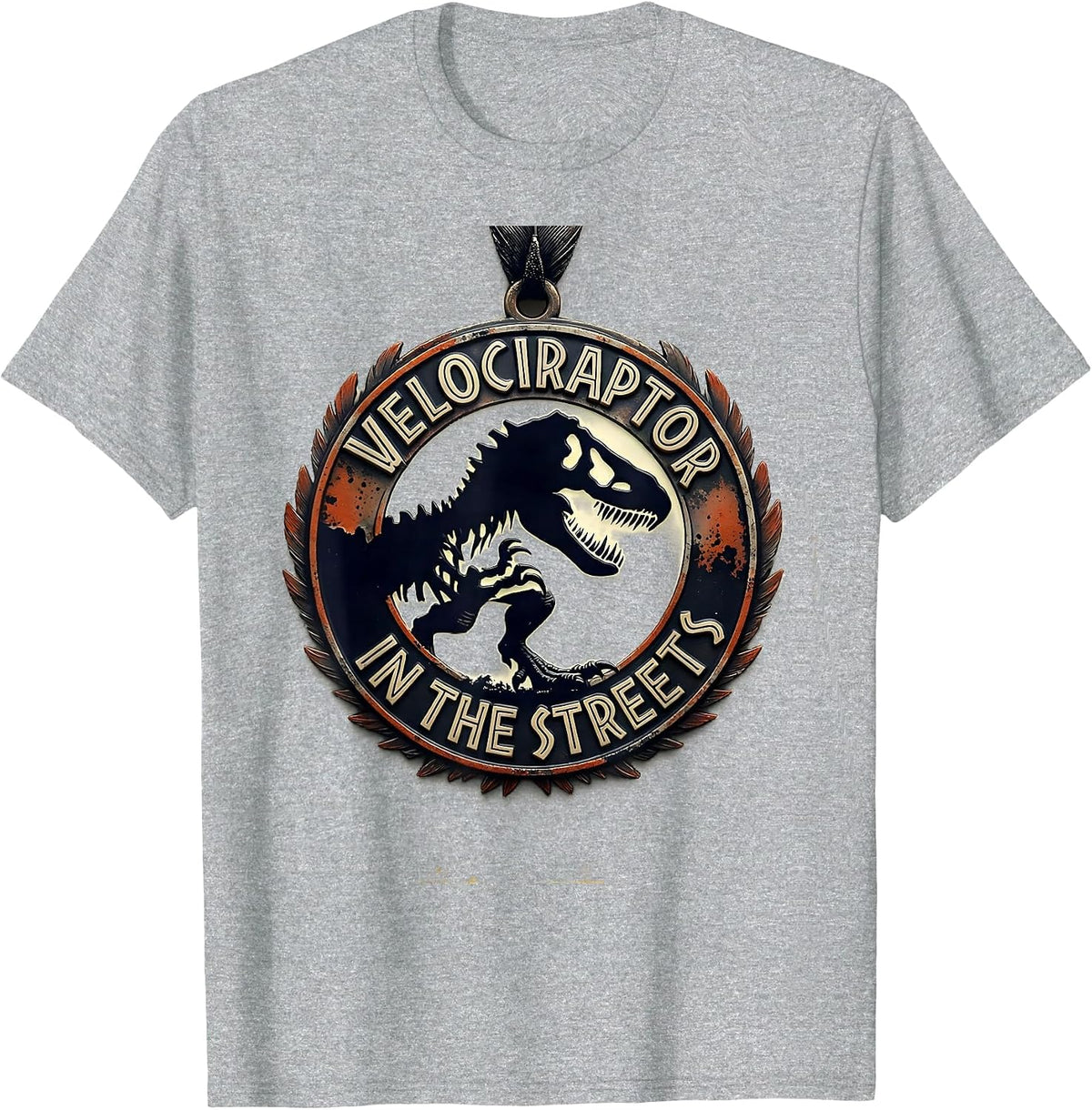 Men's Velociraptor In The Streets Dinosaur Design T-Shirt - Heather Grey