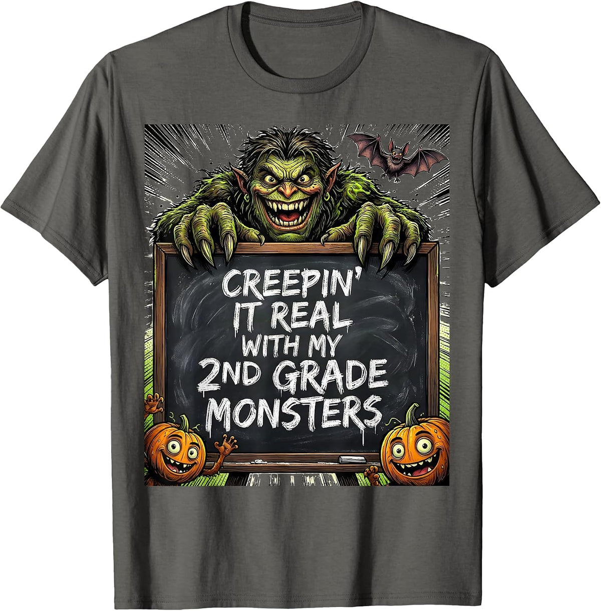 Creepin It Real With My 2nd Grade Monsters Teacher T-Shirt - Asphalt Grey