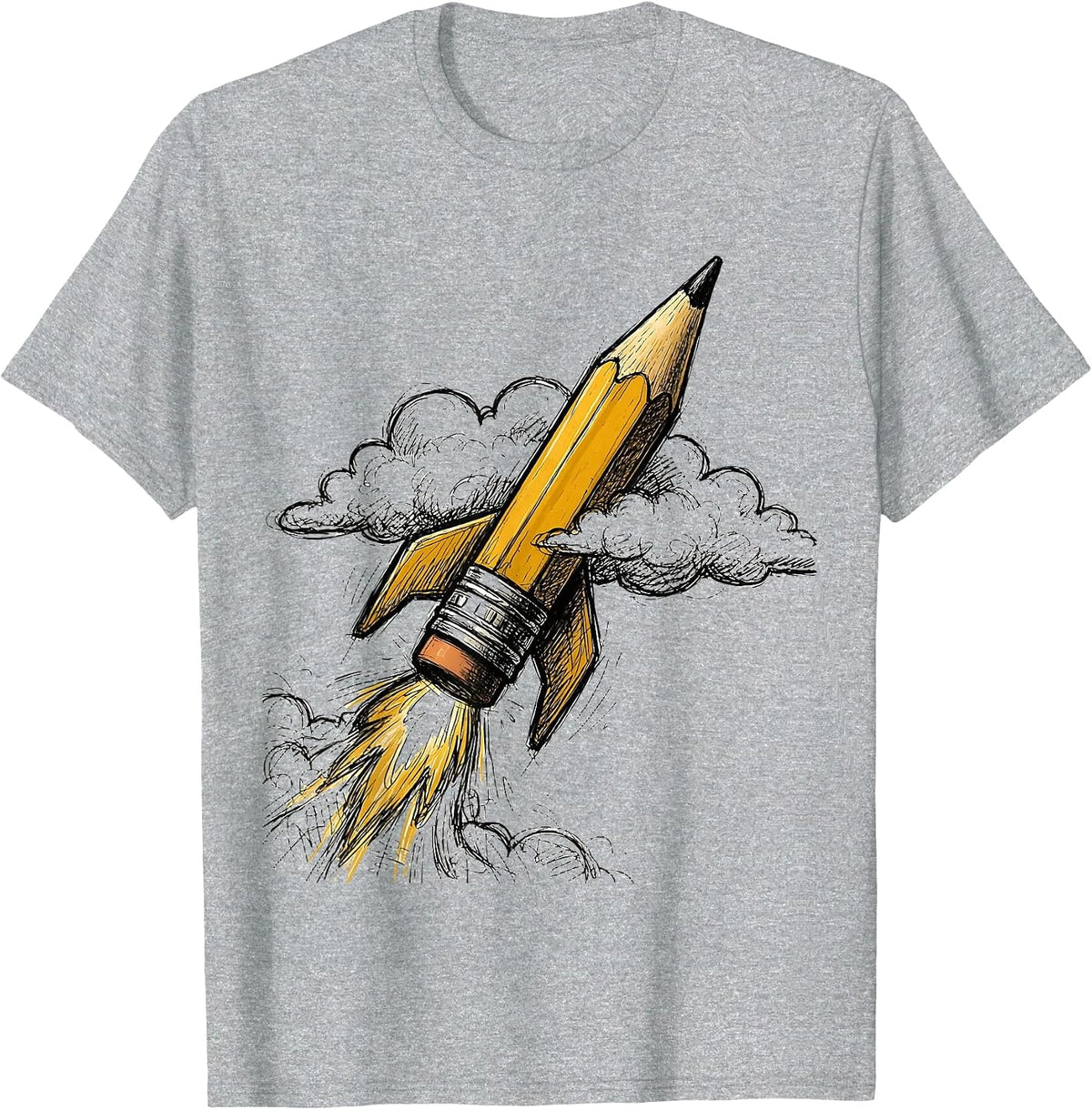 Pencil Rocket Ship Blasting Through Clouds Teacher T-Shirt - Heather Grey