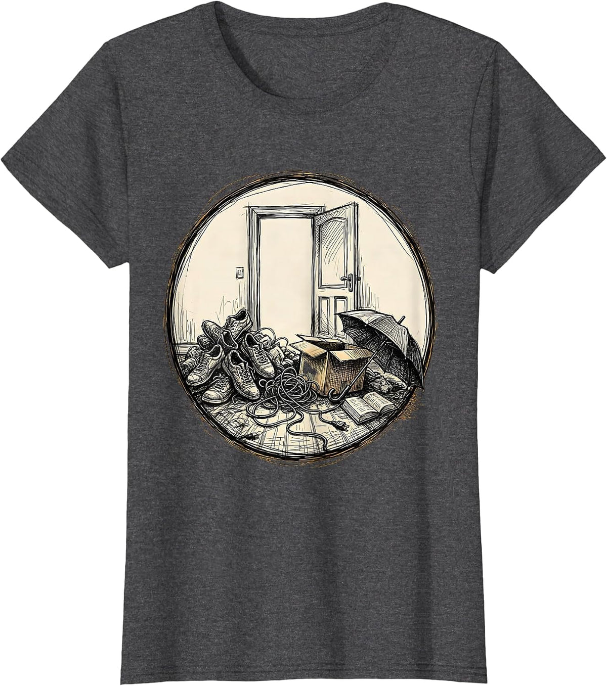 Women's Fall Prevention Cluttered Doorway Illustration T-Shirt - Dark Heather Grey