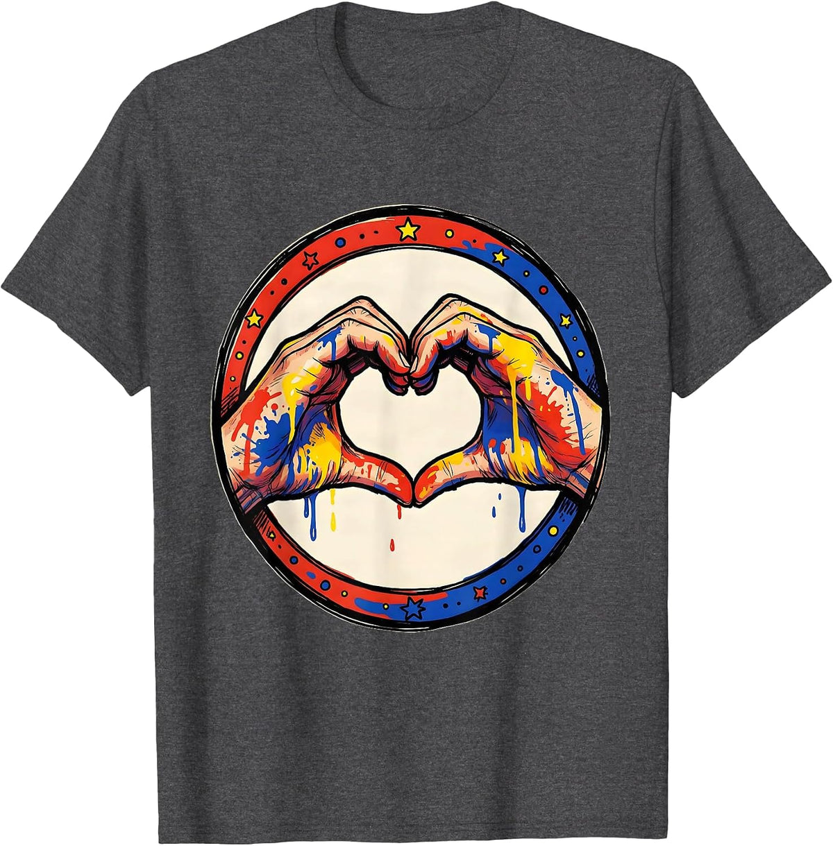 Preschool Teacher Paint Hand Heart Graphic T-Shirt - Dark Heather Grey