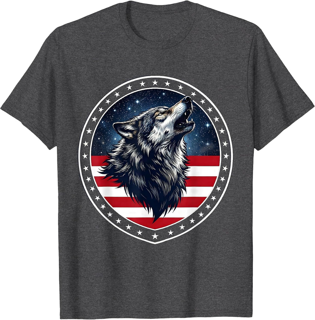 Wolf Howling at Starry Night Sky Illustration T-Shirt - Dark Heather Grey
