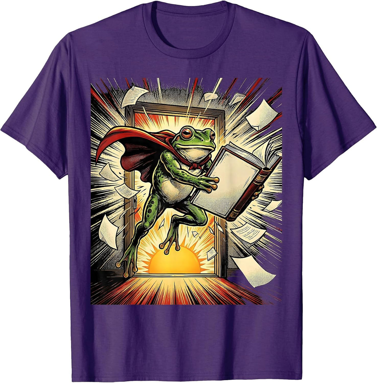 Leaping Caped Frog Comic Book Teacher Back To School T-Shirt, Men, Purple, Medium - As Pictured