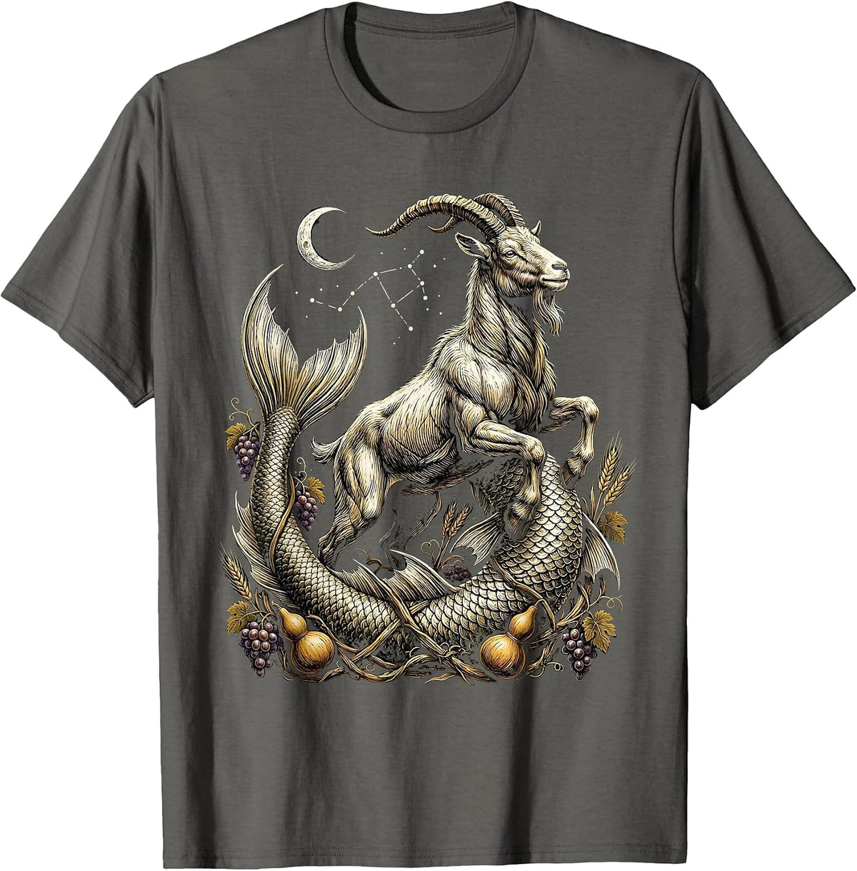 Men's Capricorn Sea-Goat September Harvest Vine Zodiac T-Shirt - Asphalt Grey
