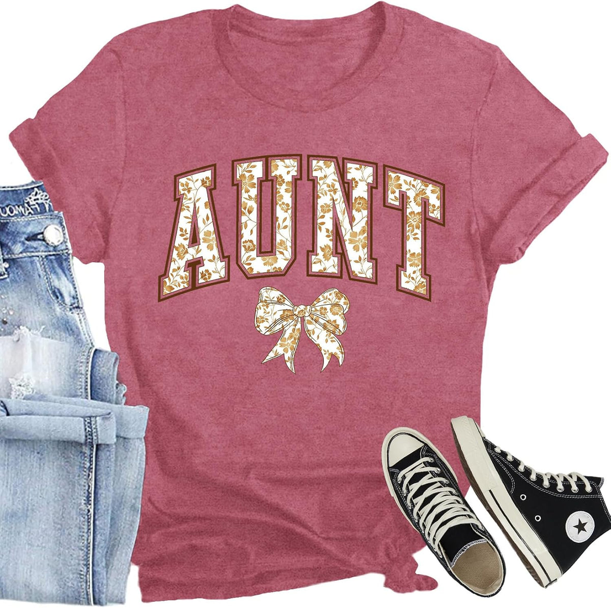 Aunt Shirts for Women Cute Auntie T-Shirts Bow Floral Auntie Gifts Tee - Pink