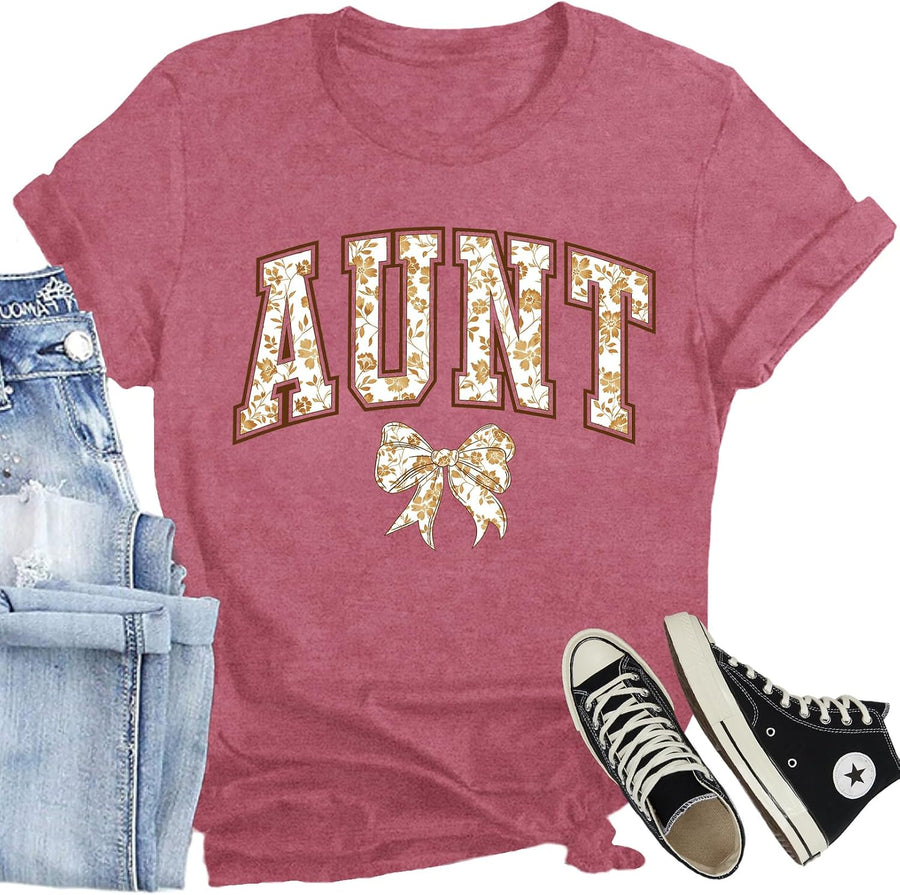 Aunt Shirts for Women Cute Auntie T-Shirts Bow Floral Auntie Gifts Tee - Pink