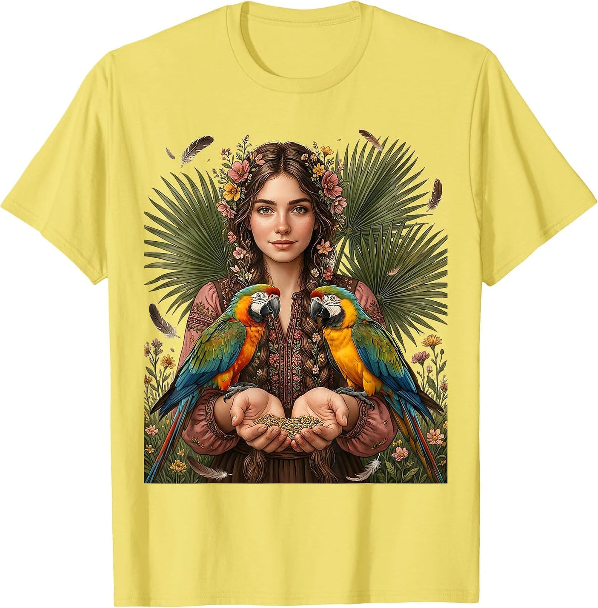 Men's Mexican Girl With Braids Feeding Colorful Parrots T-Shirt - Lemon Yellow