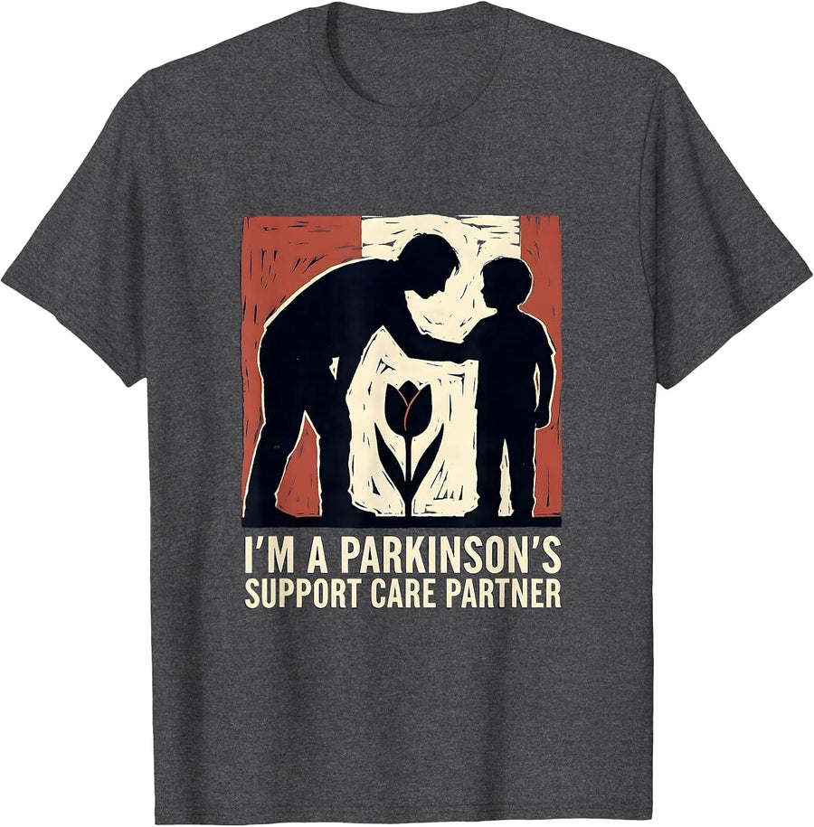 Men's I'm a Parkinson's Support Care Partner Linocut Awareness T-Shirt - Dark Heather Grey