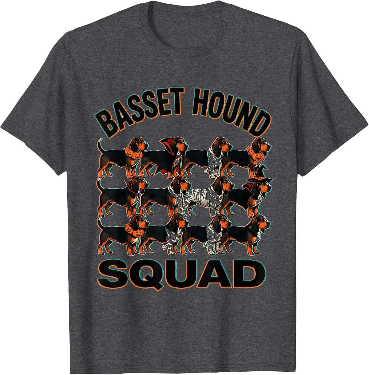 Men's Basset Hound Squad Halloween Pumpkin Vampire Mummy Witch Dog T-Shirt - Dark Heather Grey